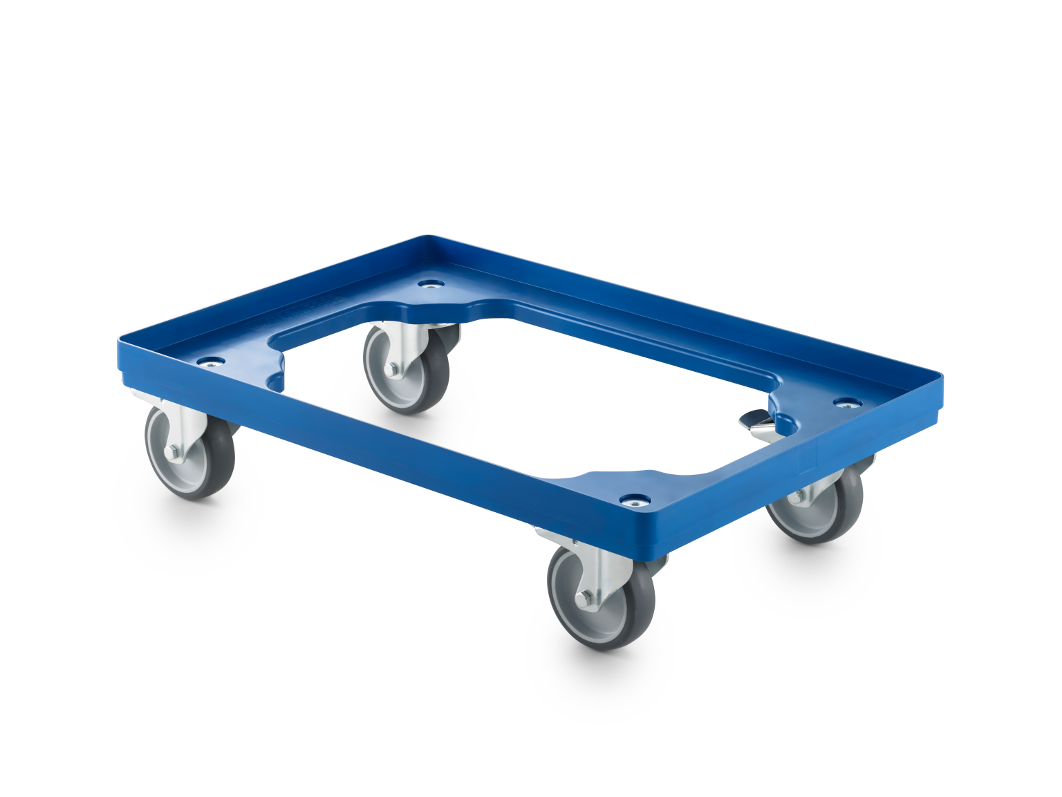 A rectangular blue transport dolly features four gray wheels. It has a shallow frame with rounded edges and mounting points for additional components. The background is a neutral color.