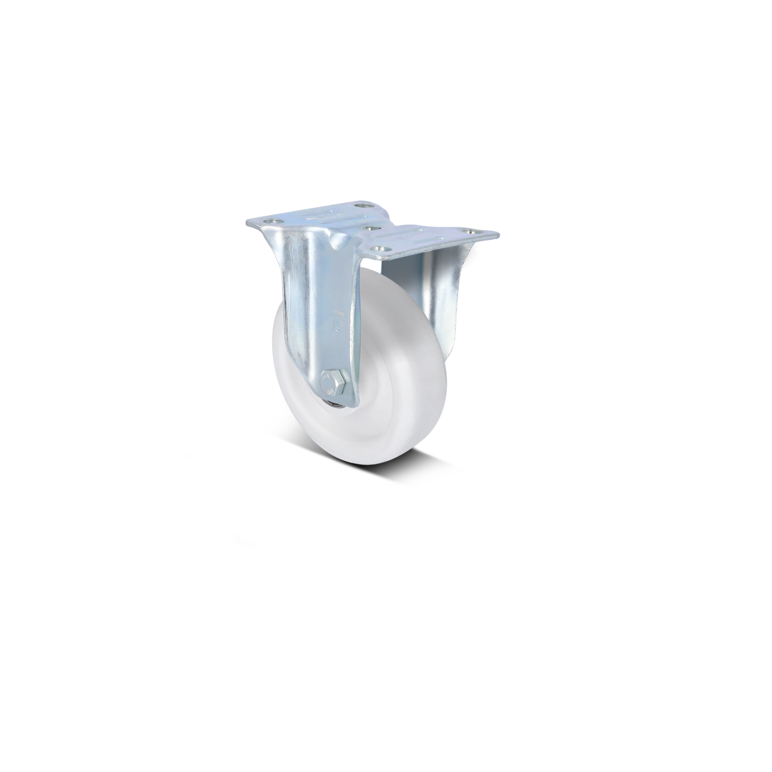 A swivel castor with a white wheel and a metallic, shiny mounting plate. The castor is designed for easy mobility and is positioned against a blank background, highlighting its features.