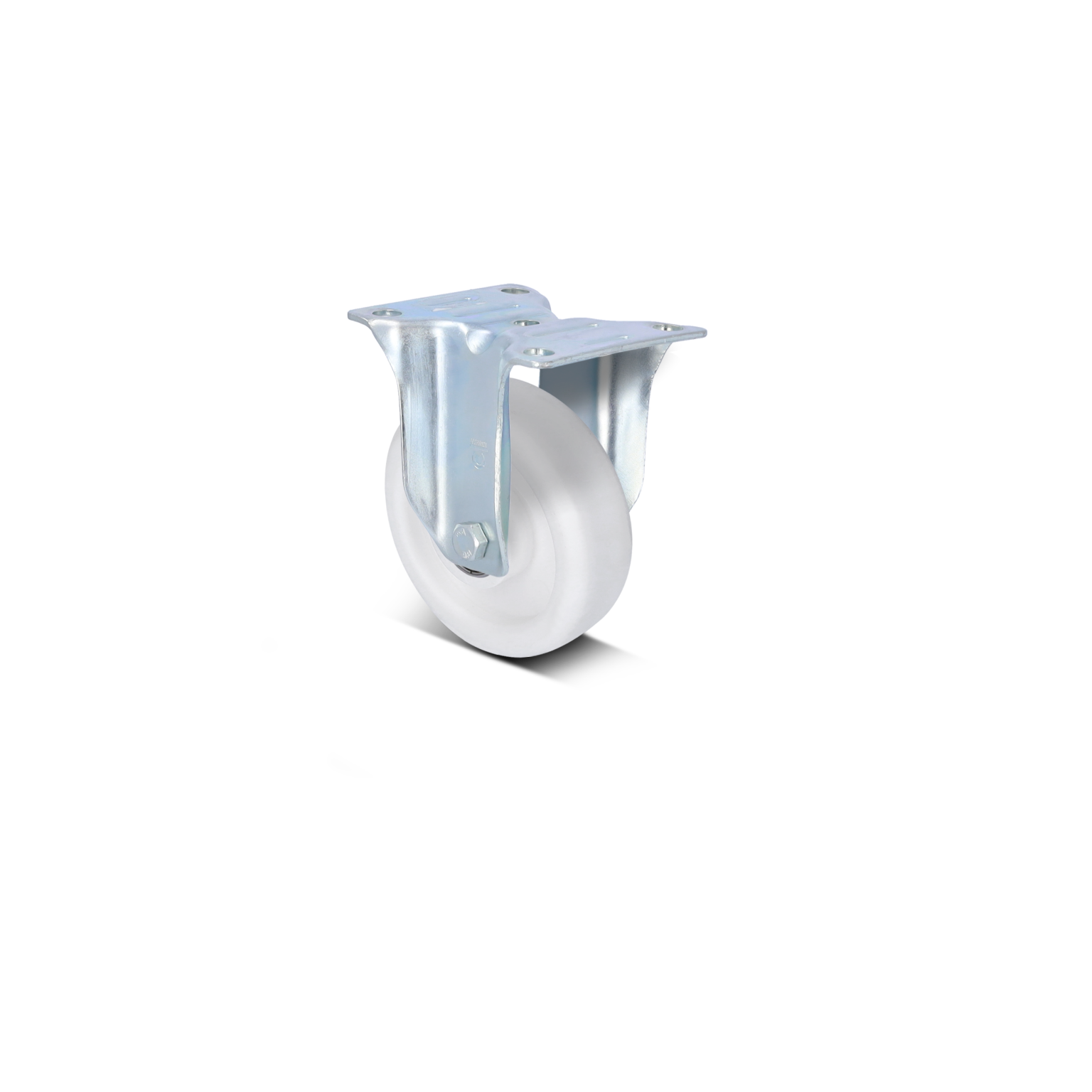 A swivel castor with a white wheel and a metallic, shiny mounting plate. The castor is designed for easy mobility and is positioned against a blank background, highlighting its features.