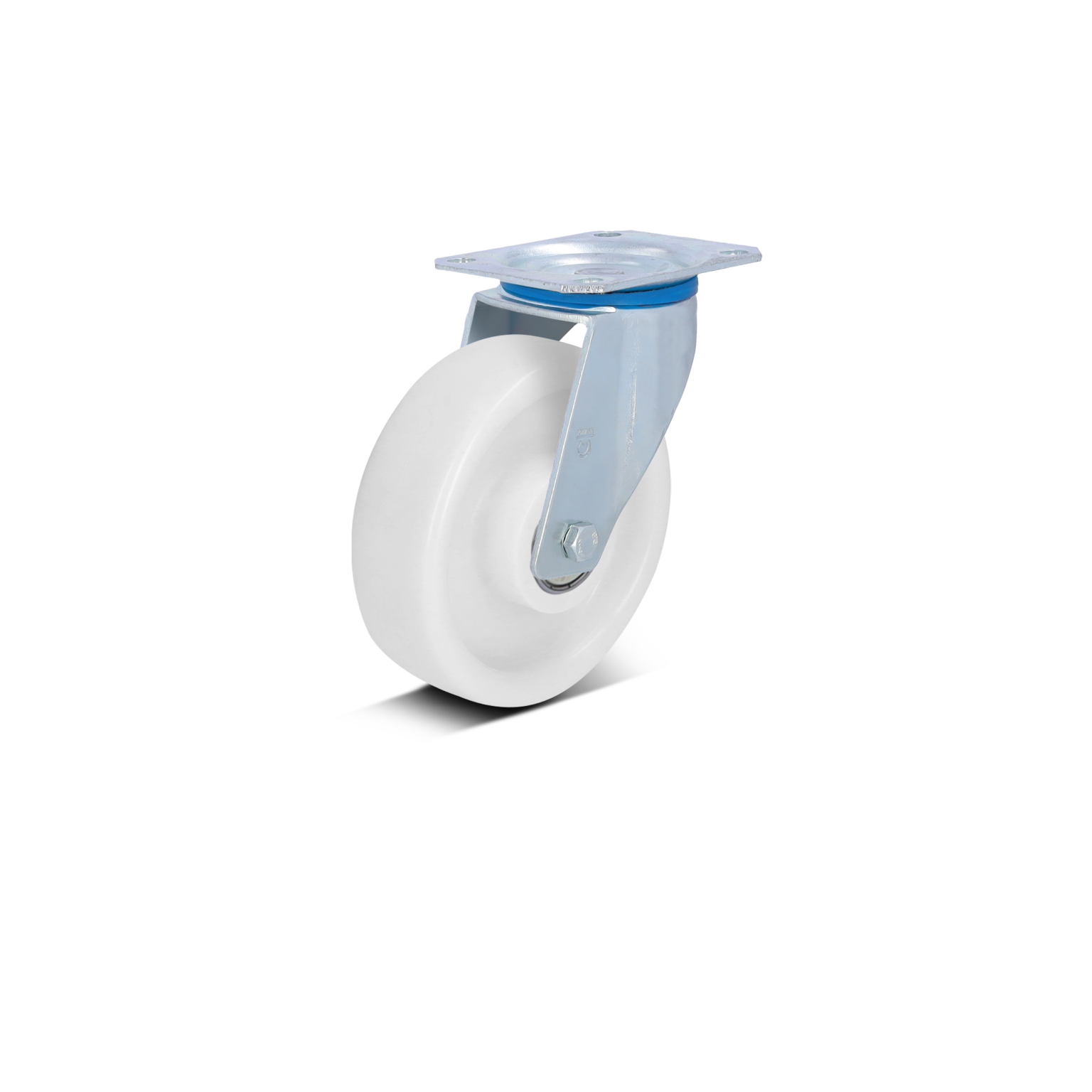 Zwenkwiel met een witte rubberen looplijst en een metalen bevestigingsplaat. Het wiel is bevestigd aan een staalplaat met een blauwe rand, in een neutrale achtergrond.