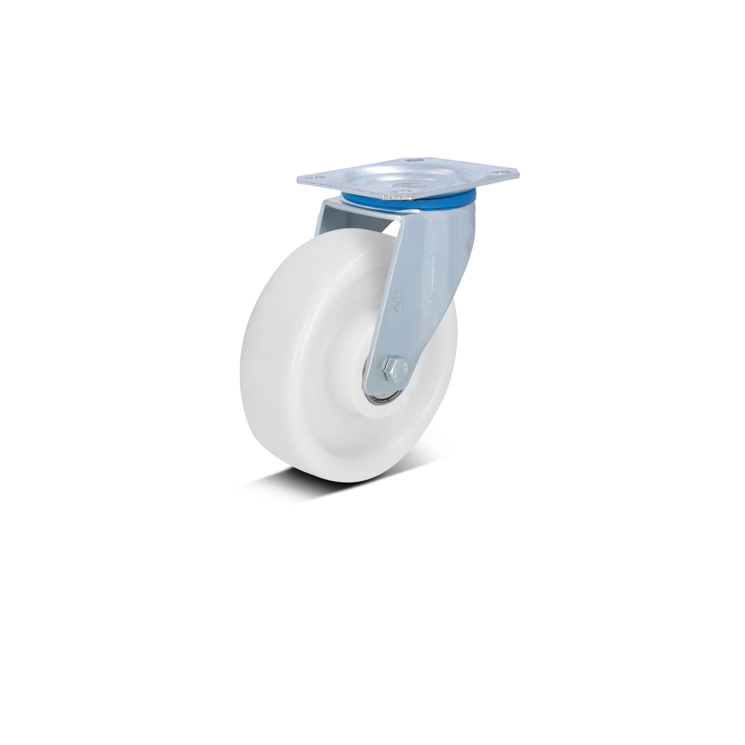 A white industrial caster wheel features a metal mounting plate with a blue accent, designed for mobility. The wheel has a smooth surface, suitable for various transport applications in warehousing or logistics settings.