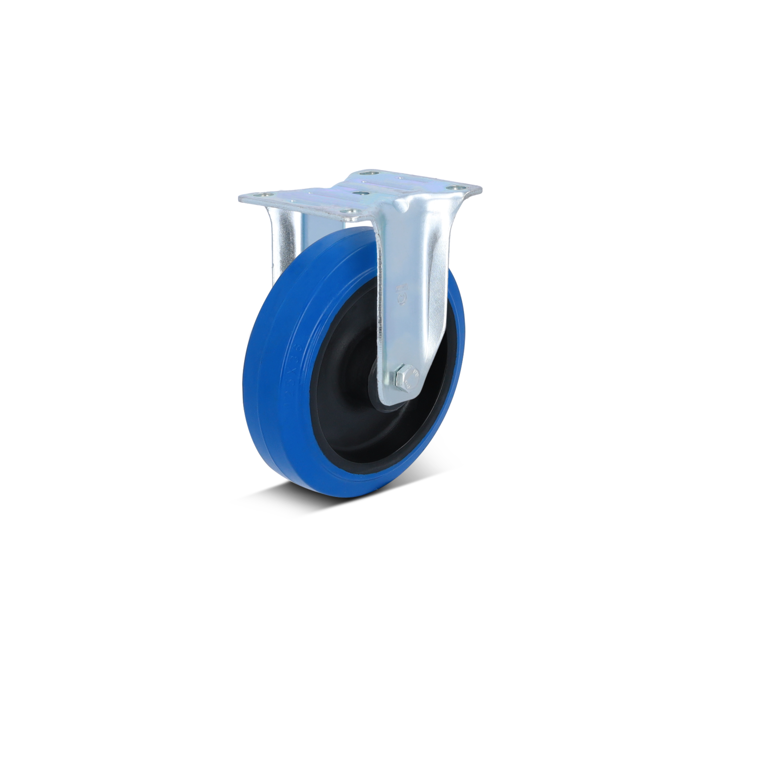 A blue rubber wheel with a black core is mounted on a metallic bracket. The bracket features two holes for secure attachment. The background is plain black.