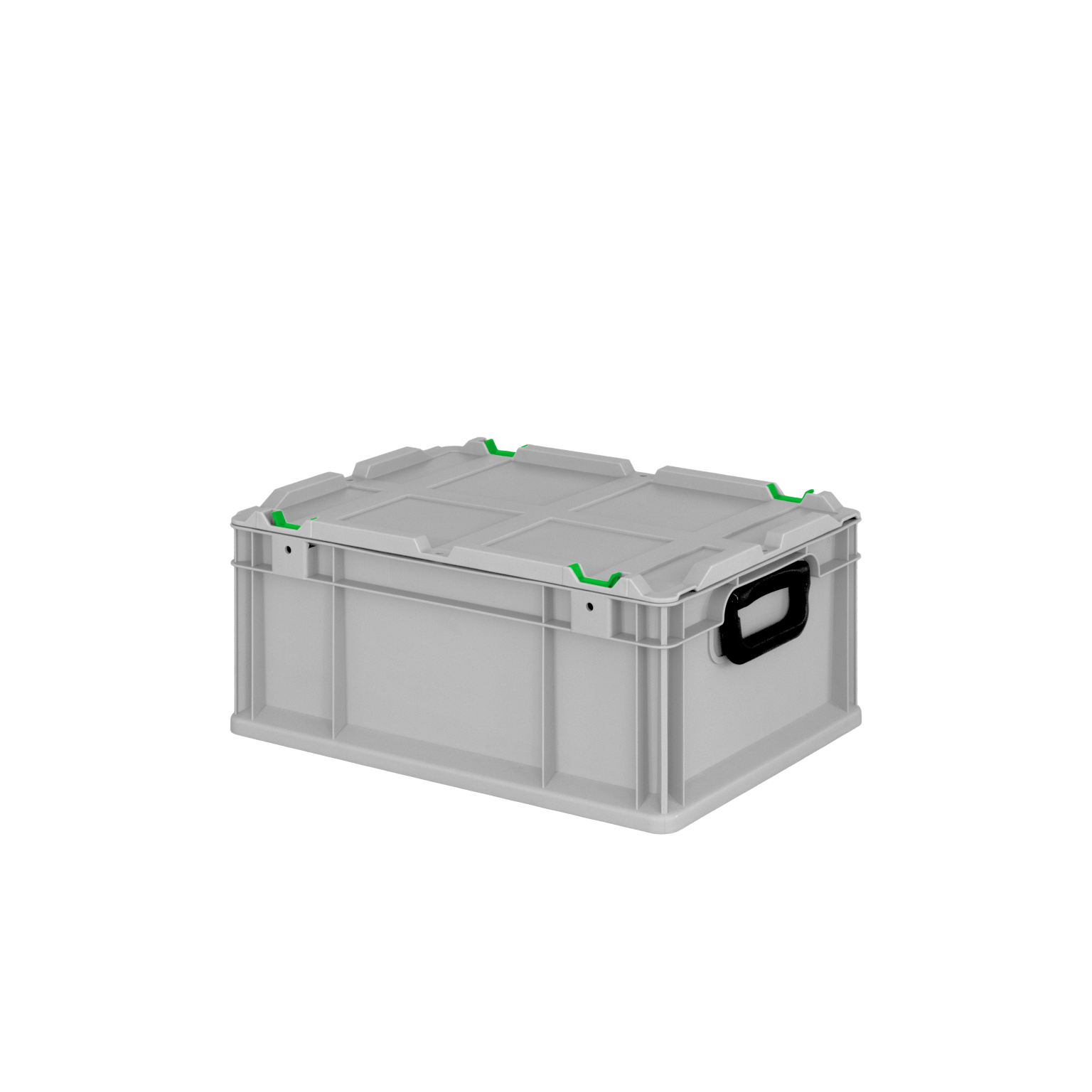 Transportbox aus grauem Kunststoff, ausgestattet mit schwarzen Griffen und grünen Clips zur Sicherung. Die Box hat einen stabilen, flachen Deckel und steht auf einer neutralen Oberfläche.