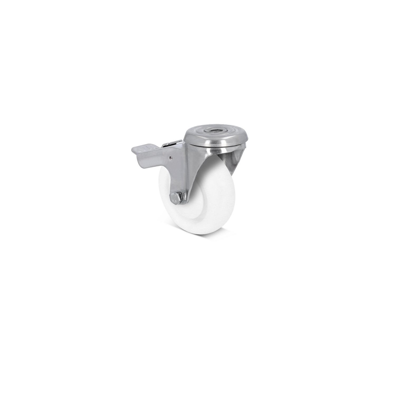 A swivel castor with a shiny metal mounting bracket and a solid white plastic wheel. It-s positioned upright against a blank background, showcasing its design for material handling applications.