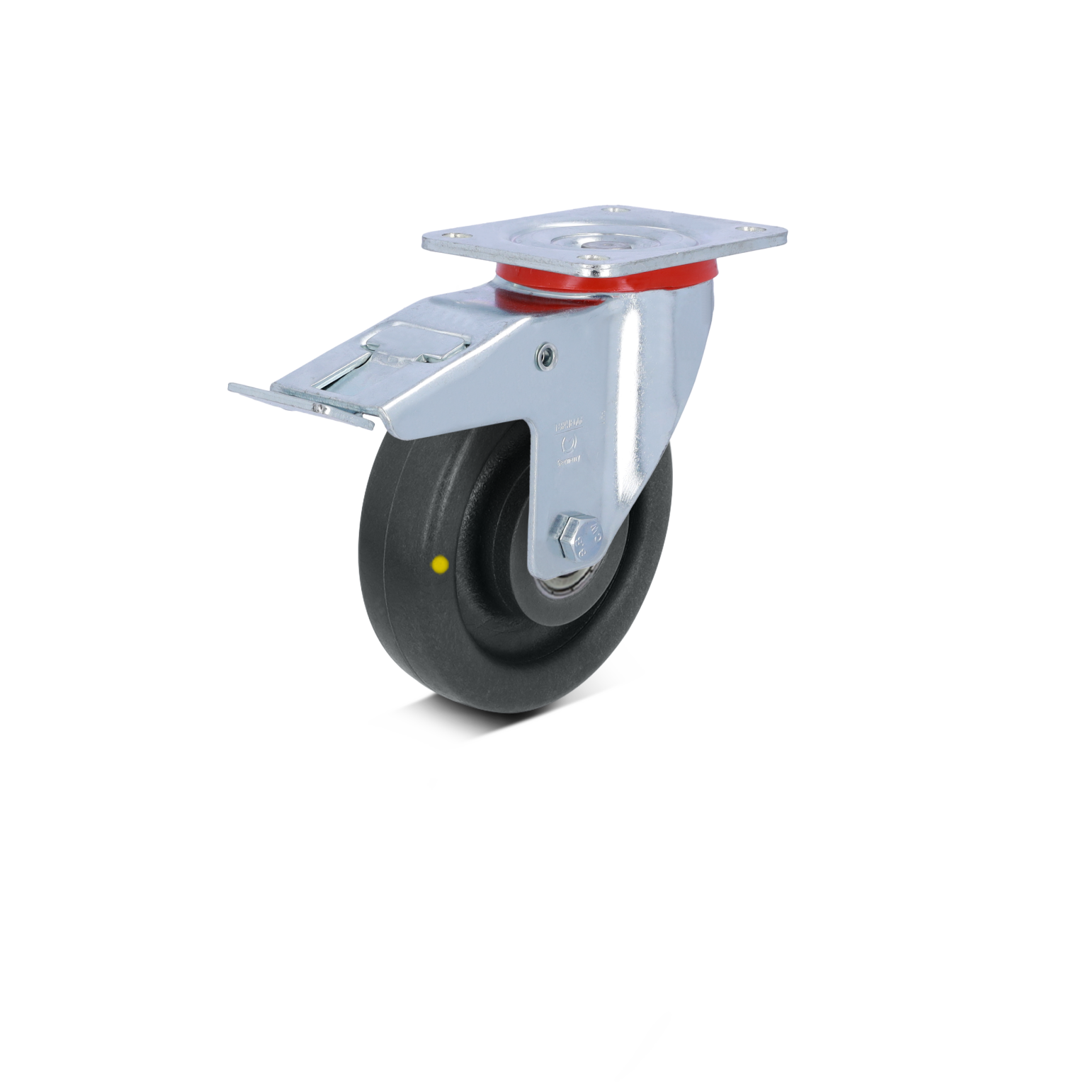 Black rubber wheel mounted on a silver metal swivel plate, featuring a brake mechanism. It-s designed for easy movement and handling of equipment in an industrial setting.