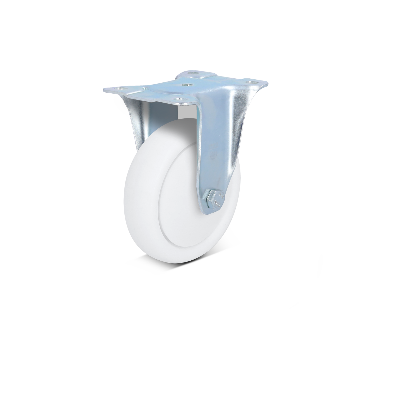 A white rubber wheel is mounted on a metallic swivel bracket, featuring a shiny surface with multiple screw holes for secure attachment, ideal for mobility in industrial applications.