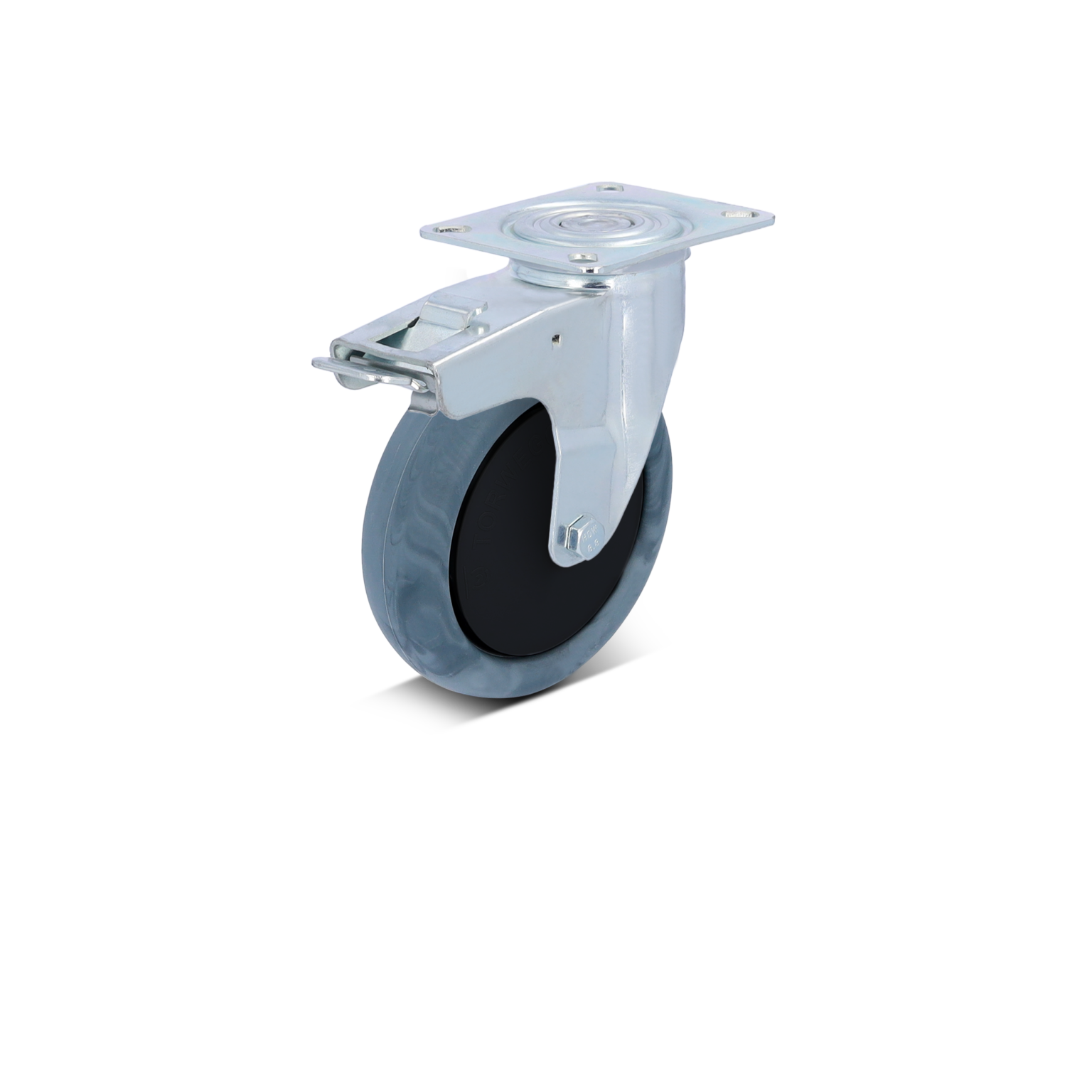 A swivel castor wheel features a black rubber tire with a silver metal mounting plate. It is designed for mobility and is positioned for attachment to equipment, typical in industrial settings.