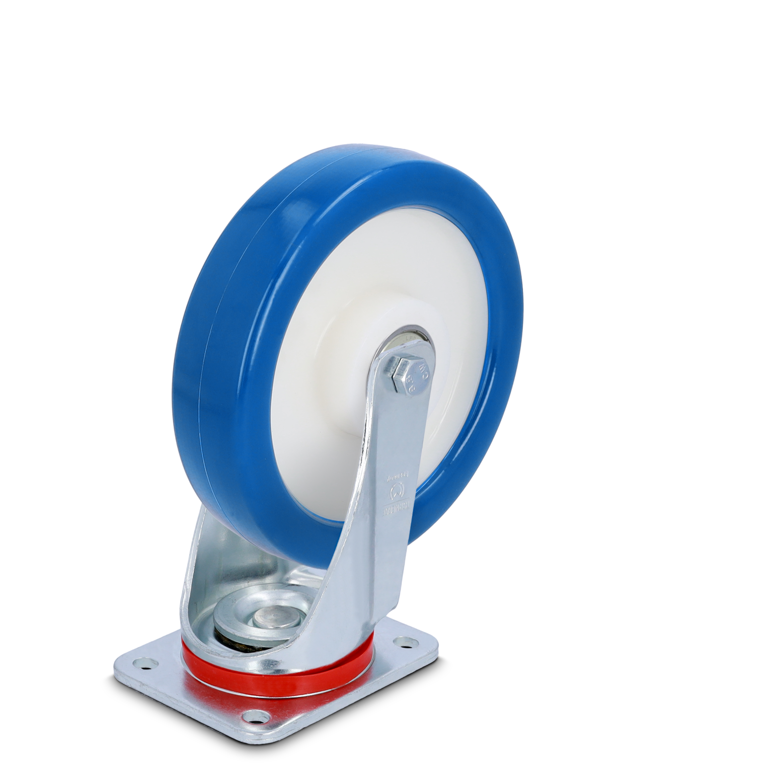 Zwenkwiel met een blauwe rubberen rand en wit centrum, bevestigd aan een metalen bevestigingsplaat met een zilverkleurige afwerking en een rode ring. Geschikt voor gebruik in intralogistiek.