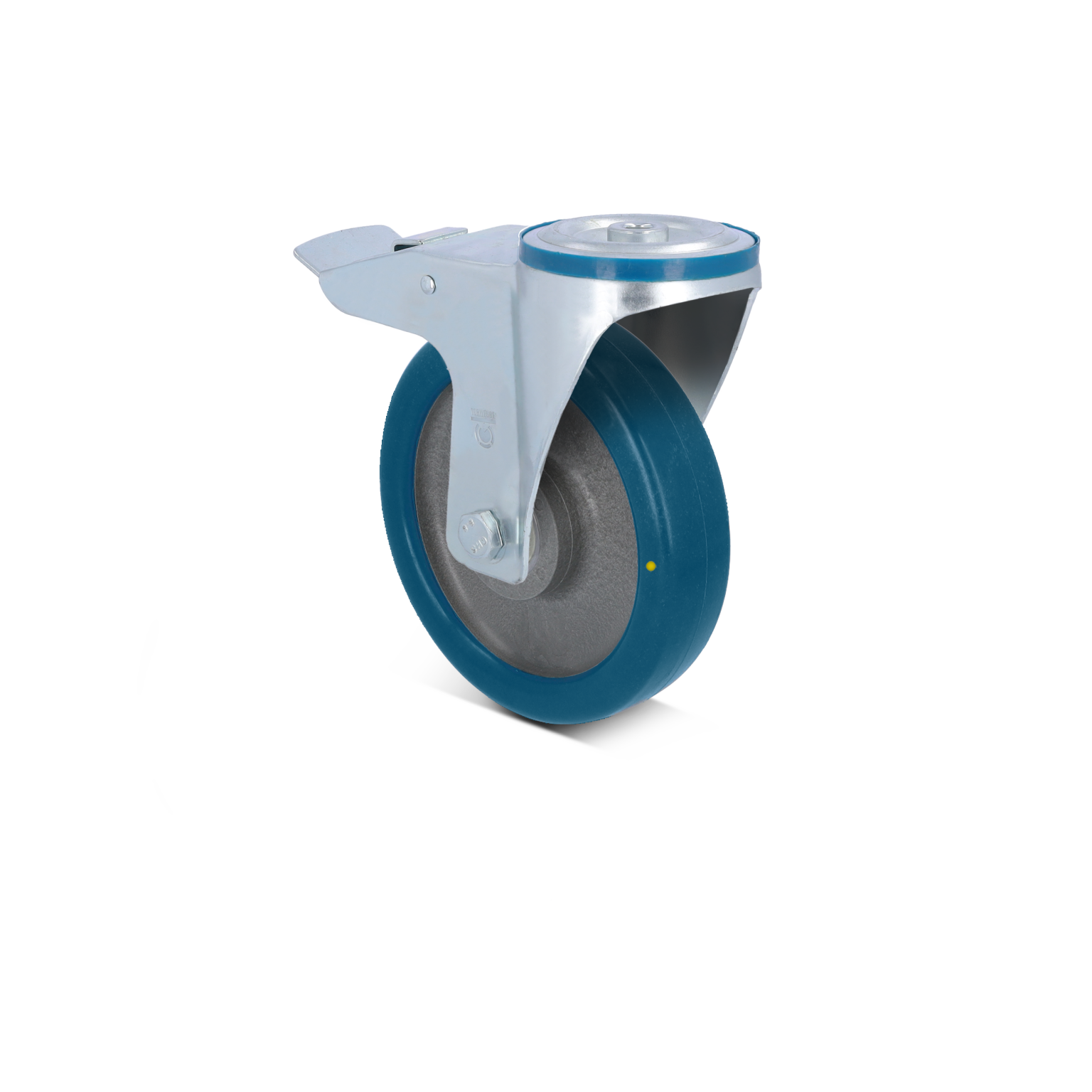 Zwenkwiel met een blauw rubberen band en een metalen behuizing. Het ontwerp bevat een bevestigingsplaat aan de bovenkant voor montage. De achtergrond is effen.