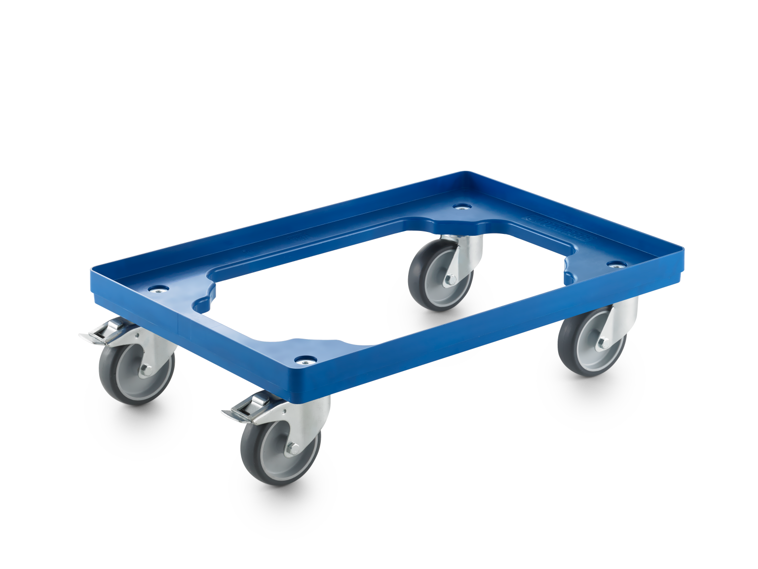 A blue rectangular transport trolley features a raised edge and four swiveling wheels. The wheels are mounted on metallic brackets, allowing for mobility in various warehouse environments.