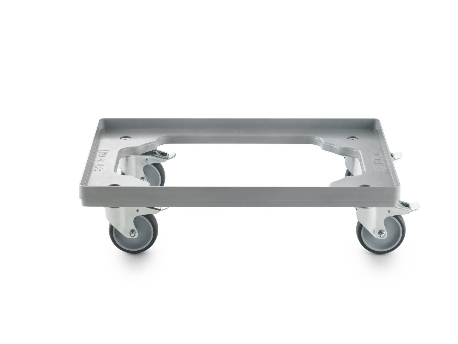 A flat transport trolley features a rectangular metal base with rounded edges and a smooth surface. Four swivel castors are mounted beneath for mobility, positioned at each corner for stability.