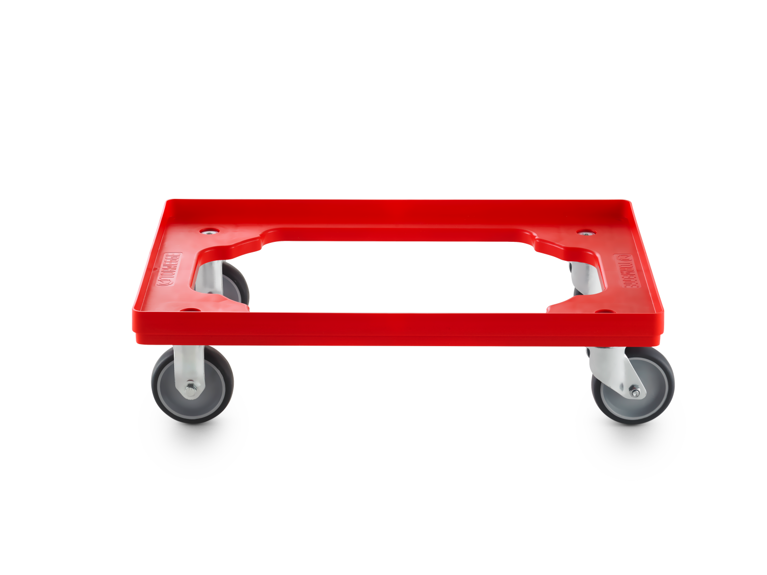 A red transport trolley features a rectangular platform with cut-out handles, supported by four grey castor wheels. It is presented against a plain background, emphasizing its design and functionality.