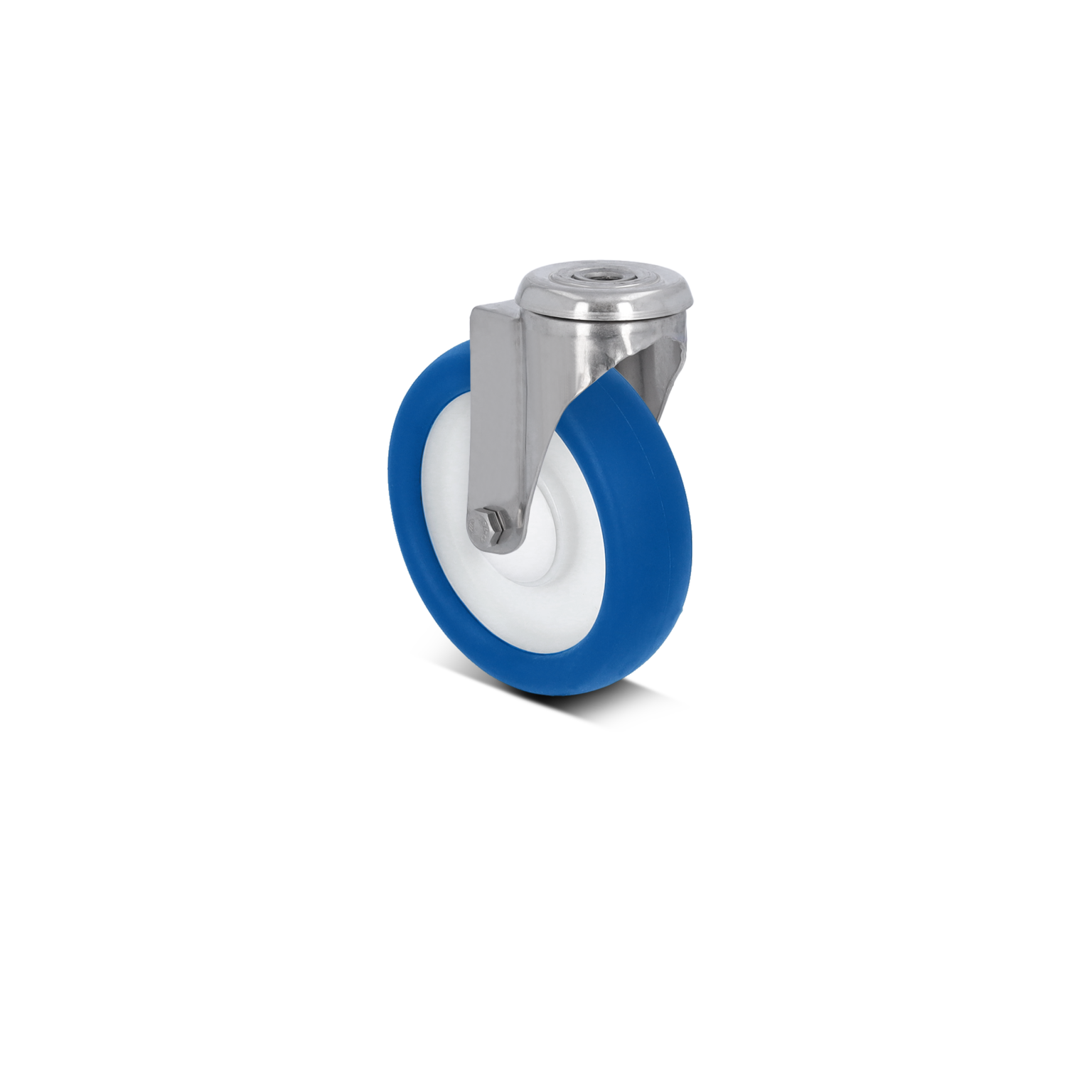 A swivel castor with a stainless steel mounting bracket features a dual-material wheel, highlighting a blue outer layer with a white inner surface. The background is plain black.