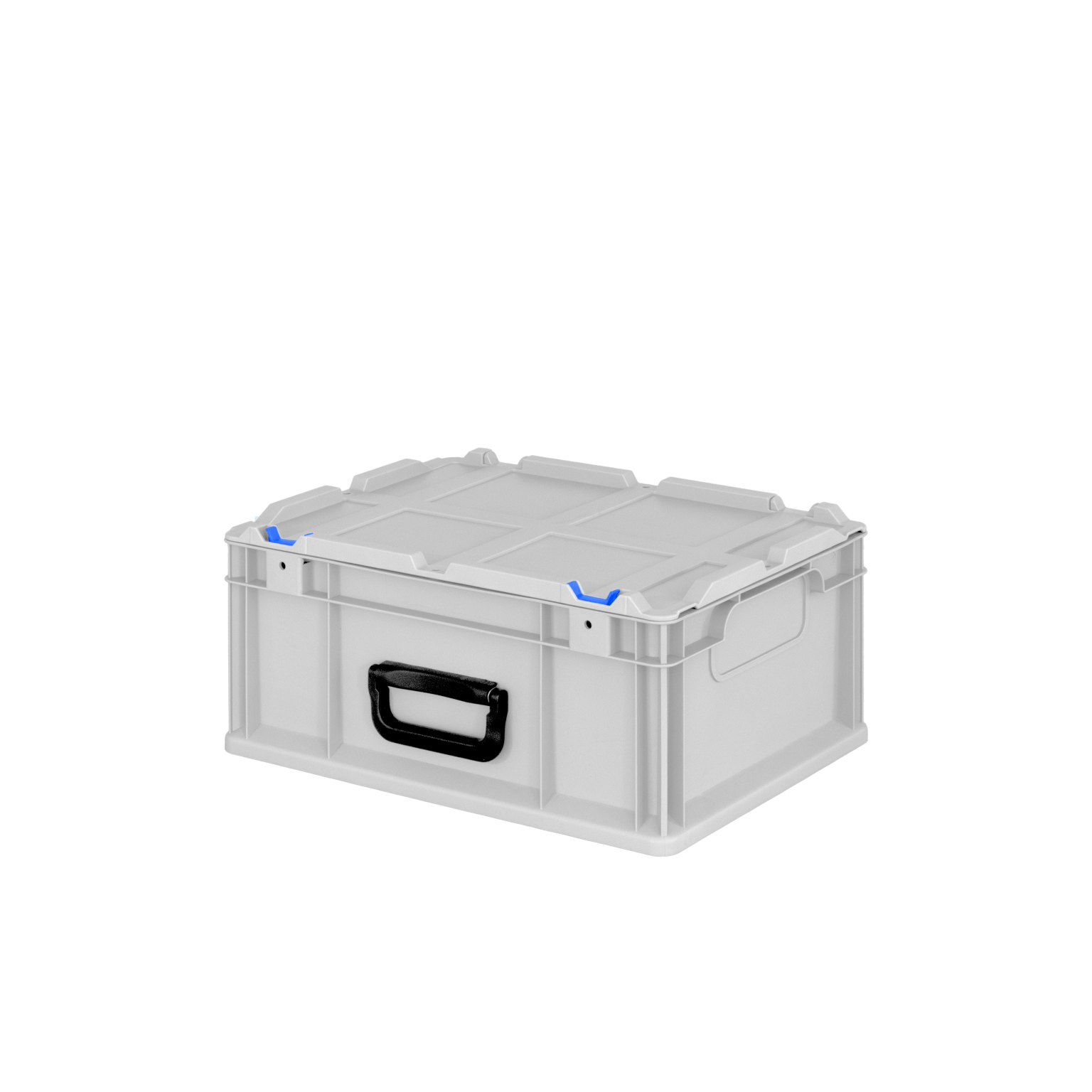 A gray plastic storage box features a black handle and blue accents. It has a flat, secure lid with a textured design, suitable for organizing materials in an industrial setting.