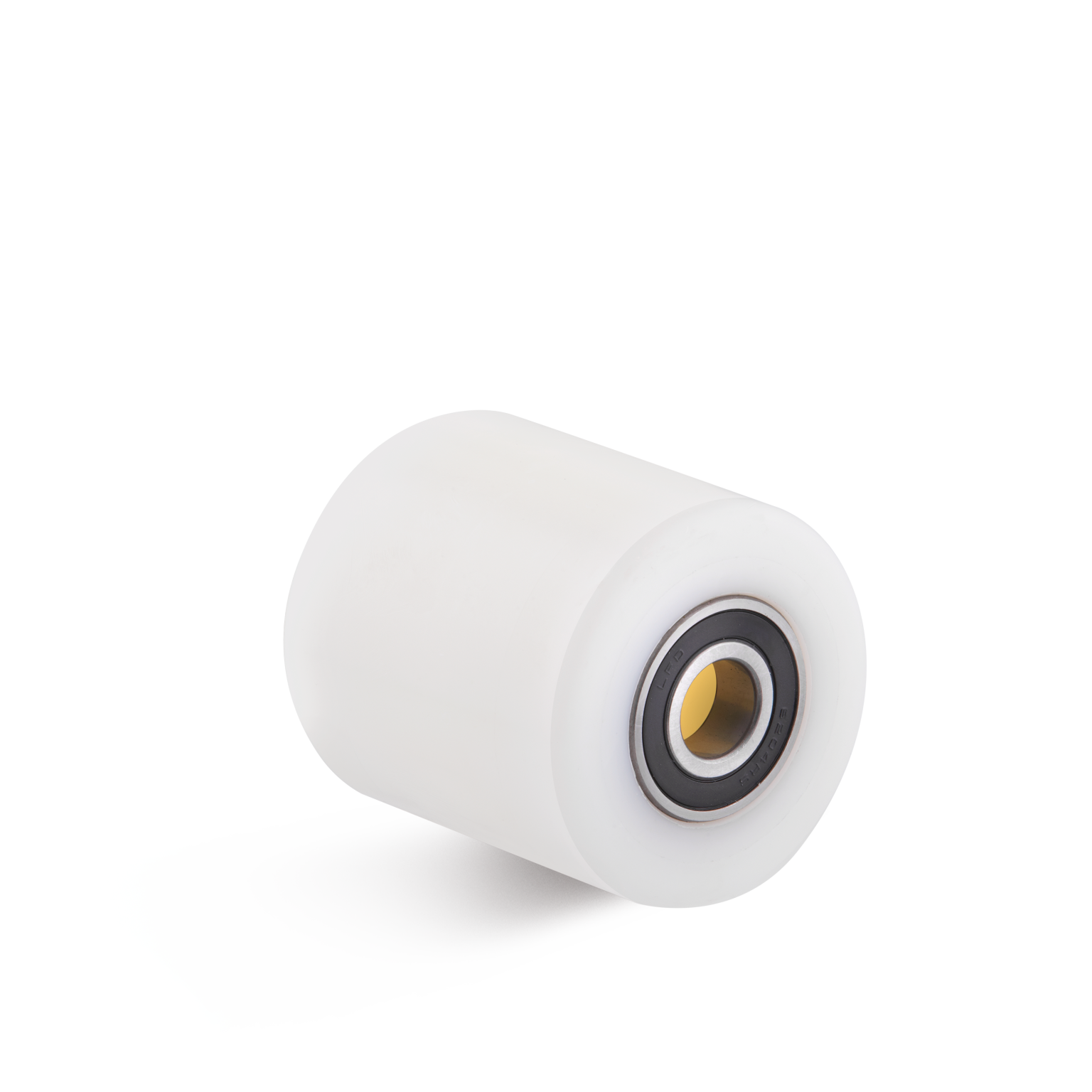 Witte kunststof rol met een metalen lager aan de binnenkant. De rol heeft een ronde vorm en is licht afgerond aan de uiteinden. Deze bevindt zich tegen een neutrale achtergrond.