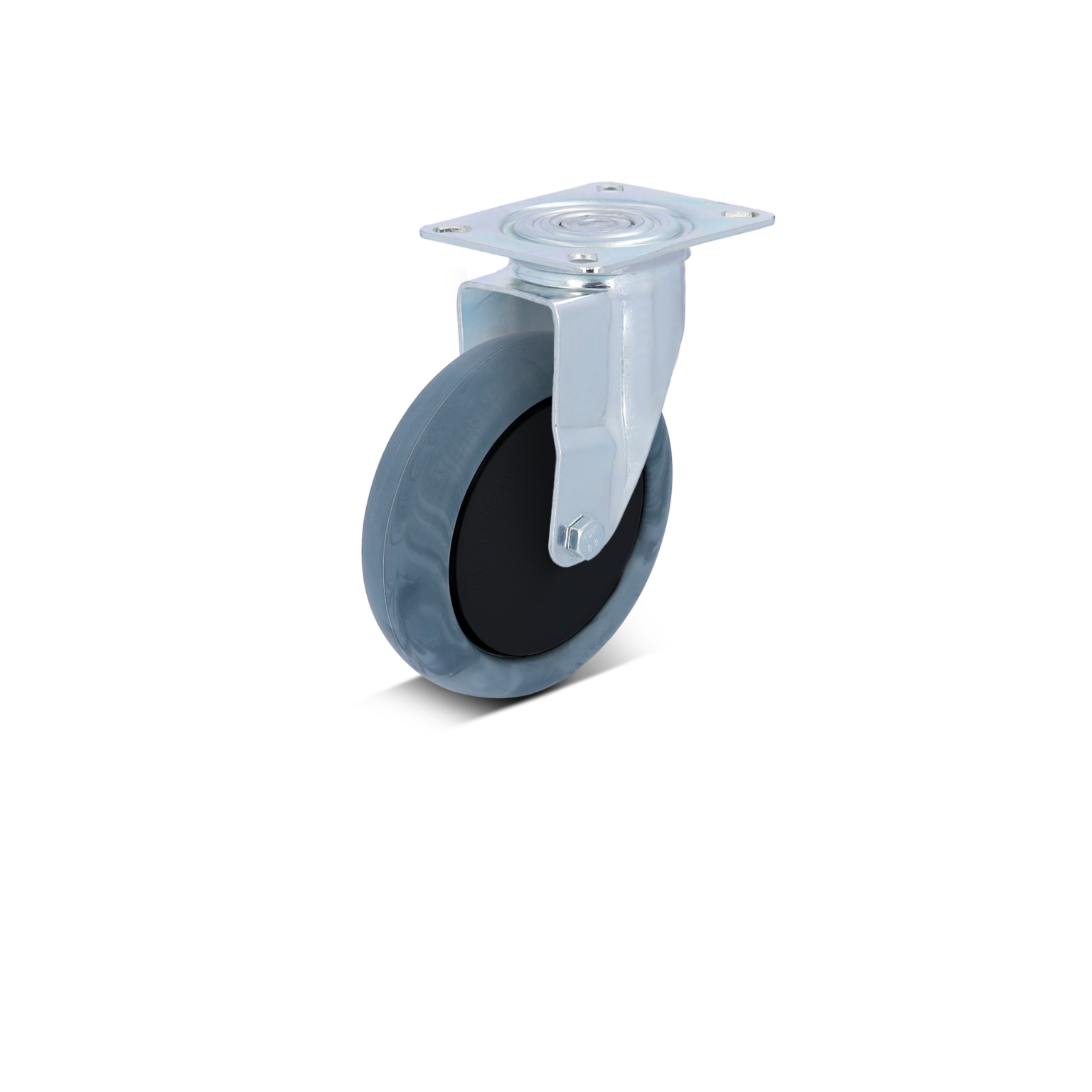A gray rubber wheel with a black surface is attached to a shiny metal swivel mount. The mounting plate has four holes for securing it, positioned in a neutral background.