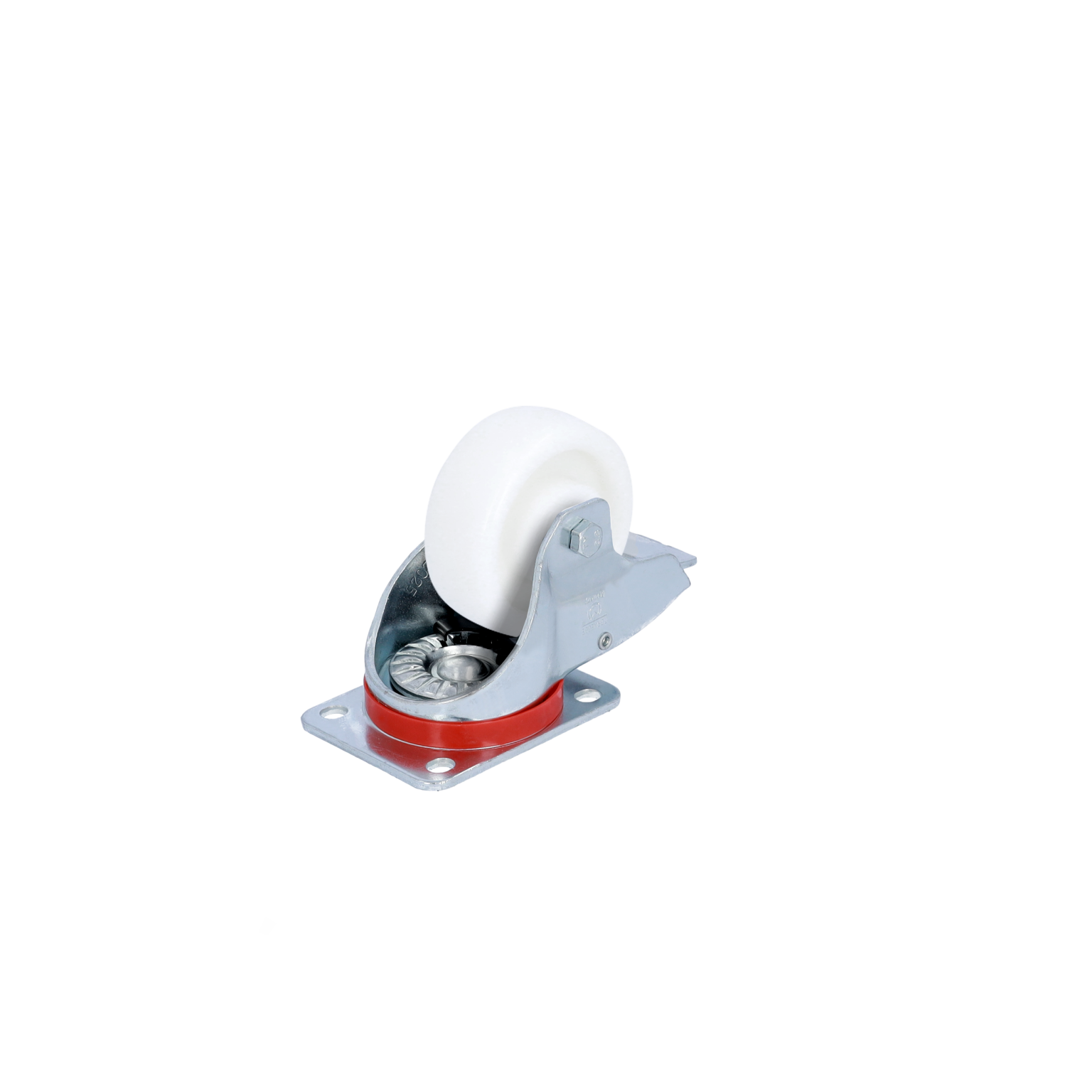 A white industrial wheel is mounted on a shiny metal swivel castor with a red rubber ring. It is secured to a flat base with bolt holes, suitable for various transport applications.