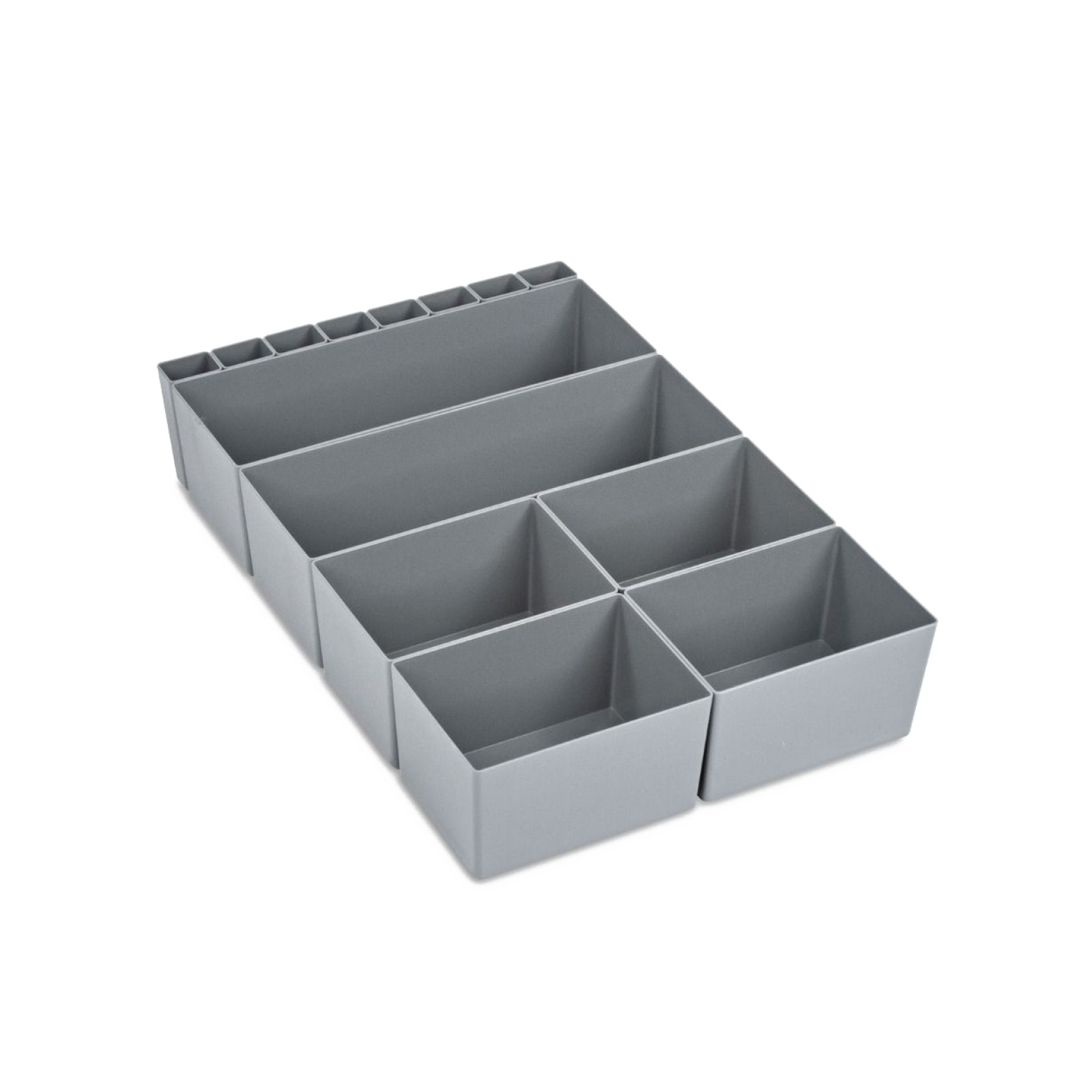 Grau organizer aus Kunststoff mit mehreren Fächern, um kleine Teile zu sortieren. Er hat verschiedene Größen von Abteilungen, ideal für den Einsatz in Werkstätten oder für die Lagerung von Materialien.