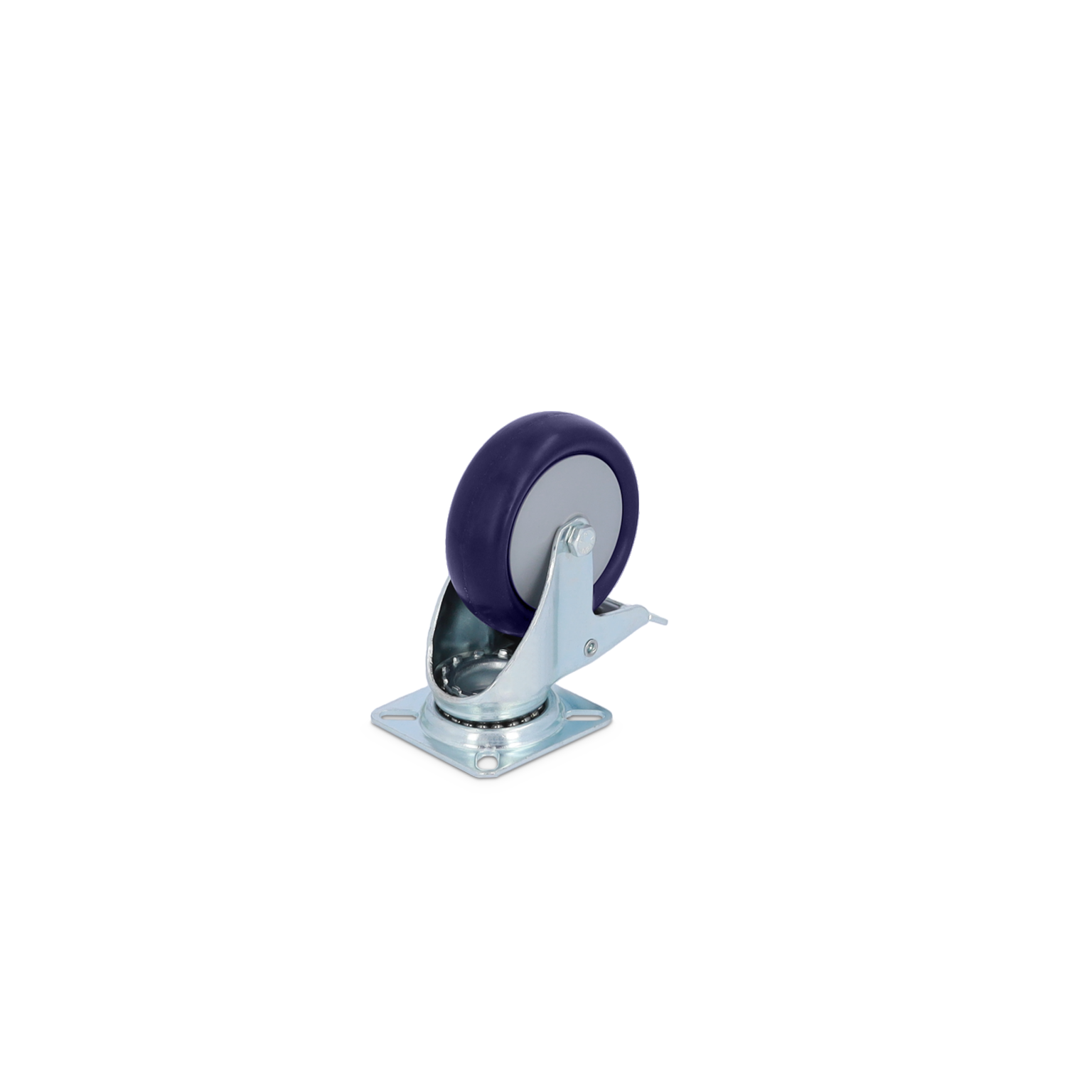A swivel castor features a dark purple rubber wheel affixed to a shiny metal bracket, which includes a mounting plate with bolt holes. It is positioned against a plain background.
