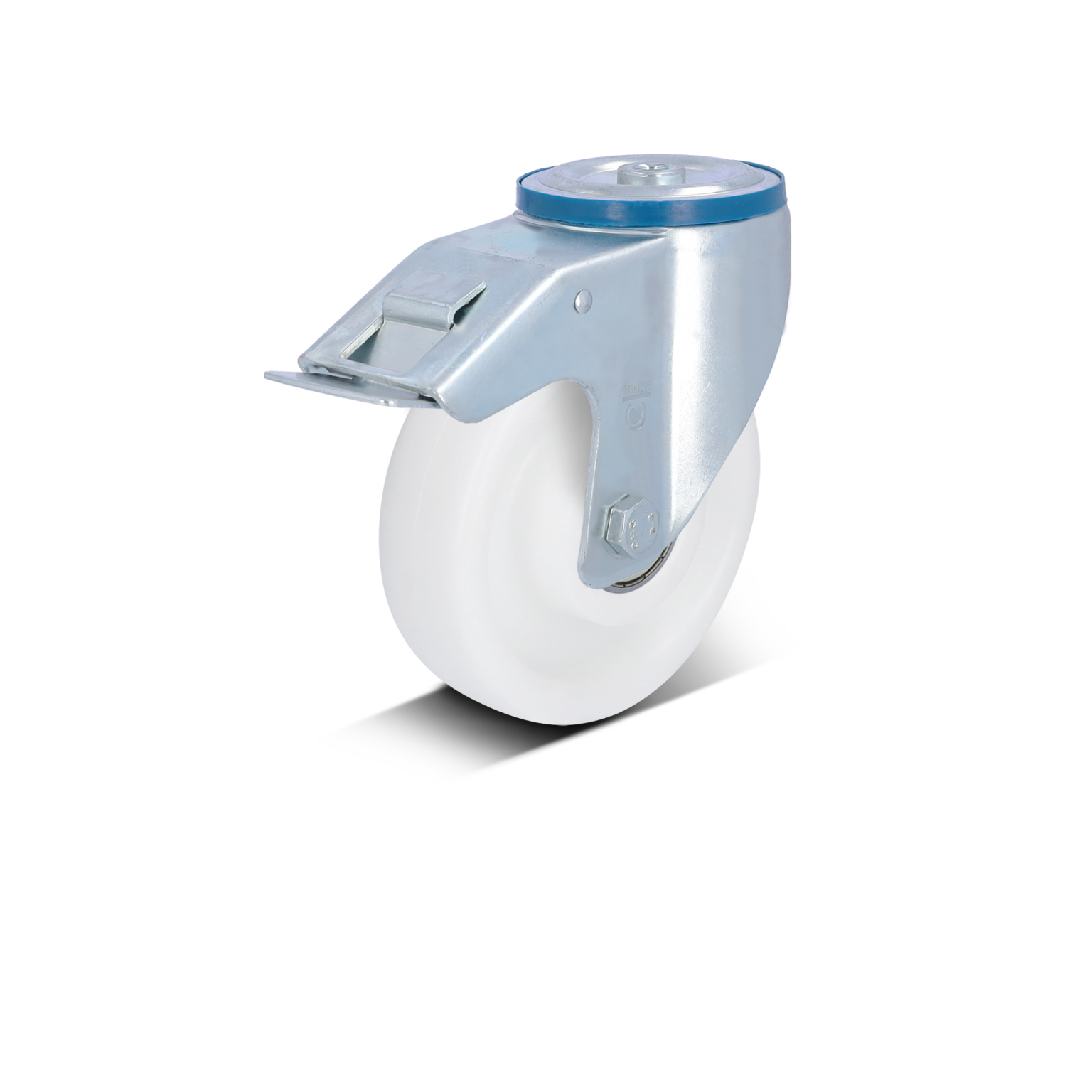 A swivel castor with a white thermoplastic wheel is mounted on a metal bracket. The bracket features a top mounting plate with a blue edge and a locking mechanism, positioned against a blank background.
