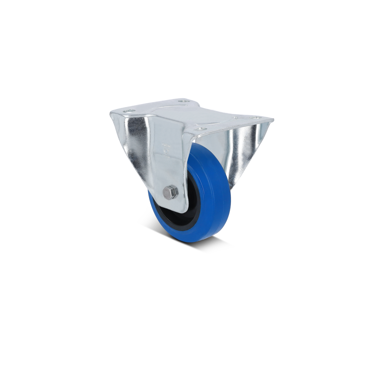 A metal swivel castor with a blue polycarbonate wheel is showcased, featuring a sturdy mounting plate with multiple holes for attachment. The background is plain, enhancing the castor-s details.