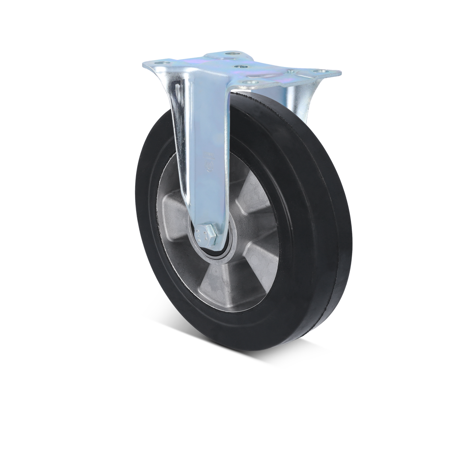 Eine schwarze Rolle mit radialen Profil und einer metallischen Halterung. Die Rolle hat eine glatte Gummibereifung für einen leisen Transport und ist auf einem hellen, einfarbigen Hintergrund platziert.
