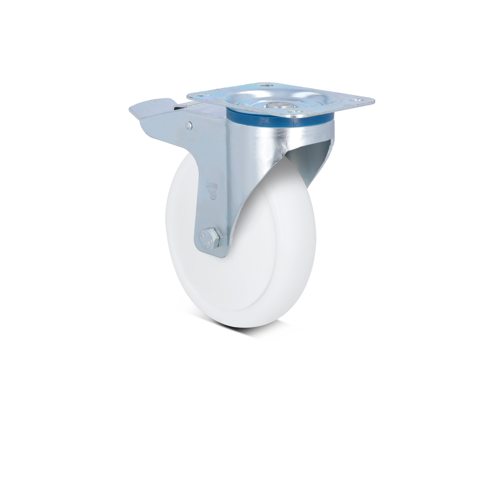 A swivel castor with a white plastic wheel is showcased, featuring a metallic mounting bracket. The wheel is designed for smooth mobility, positioned against a light-colored background.