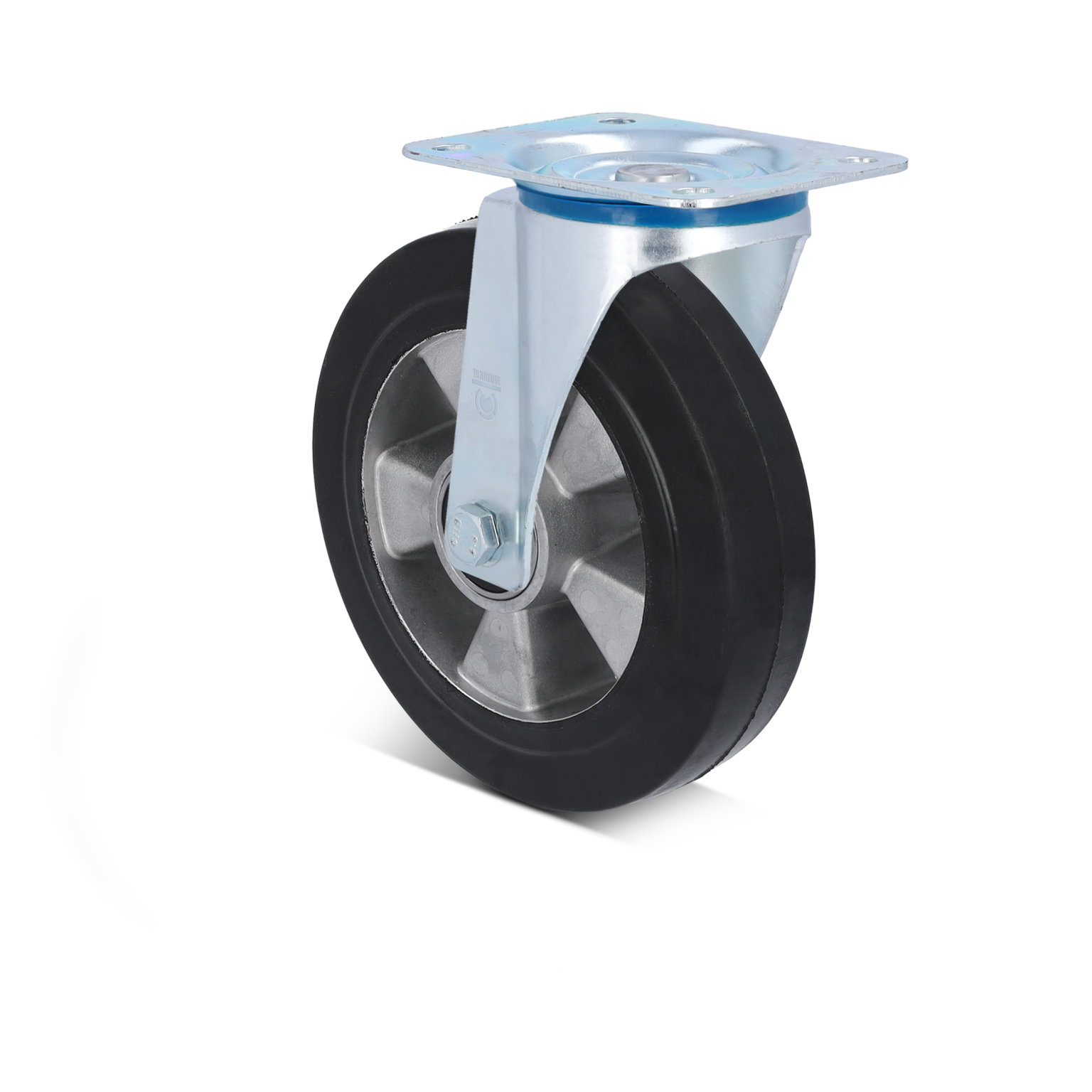 Robuster, schwarzer Industrierad mit einem metallischen Laufrad und einer festen Montageplatte. Es ist in aufrechter Position angeordnet, ideal für materialverarbeitende Anwendungen im industriellen Umfeld.