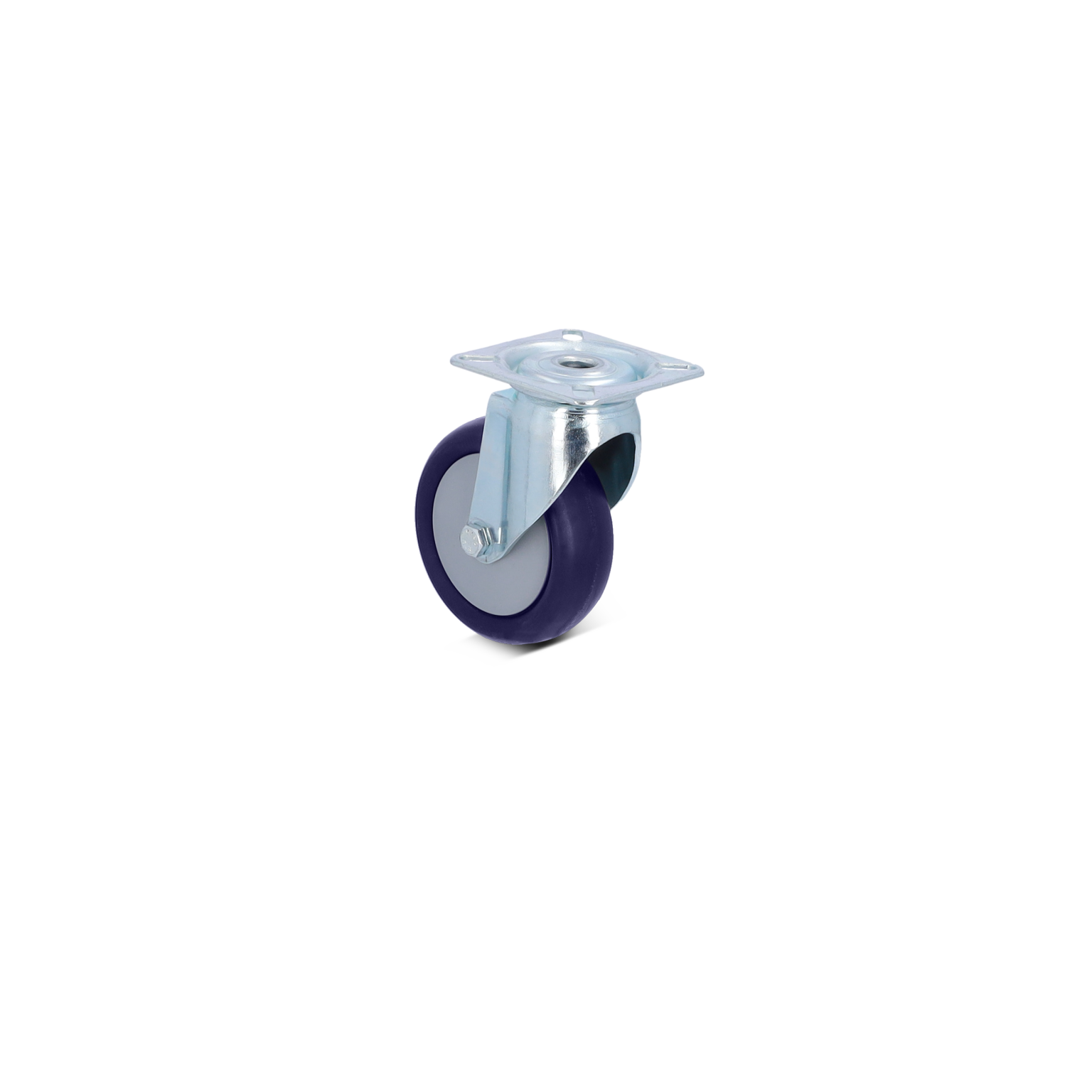 Swivel caster with a metal mounting plate and a rubber wheel. The wheel is dark purple with a gray outer rim. Positioned upright against a blank background.