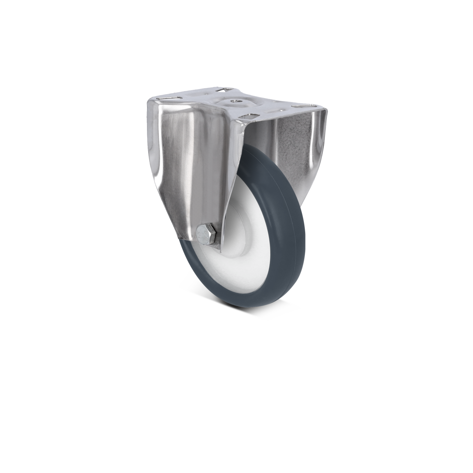 Gummiräder mit einem verchromten Halter, der eine Montageplatte zeigt. Die Räder sind aus grauem Gummi mit einem weißen Innenring und heben sich vor einem neutralen Hintergrund ab.