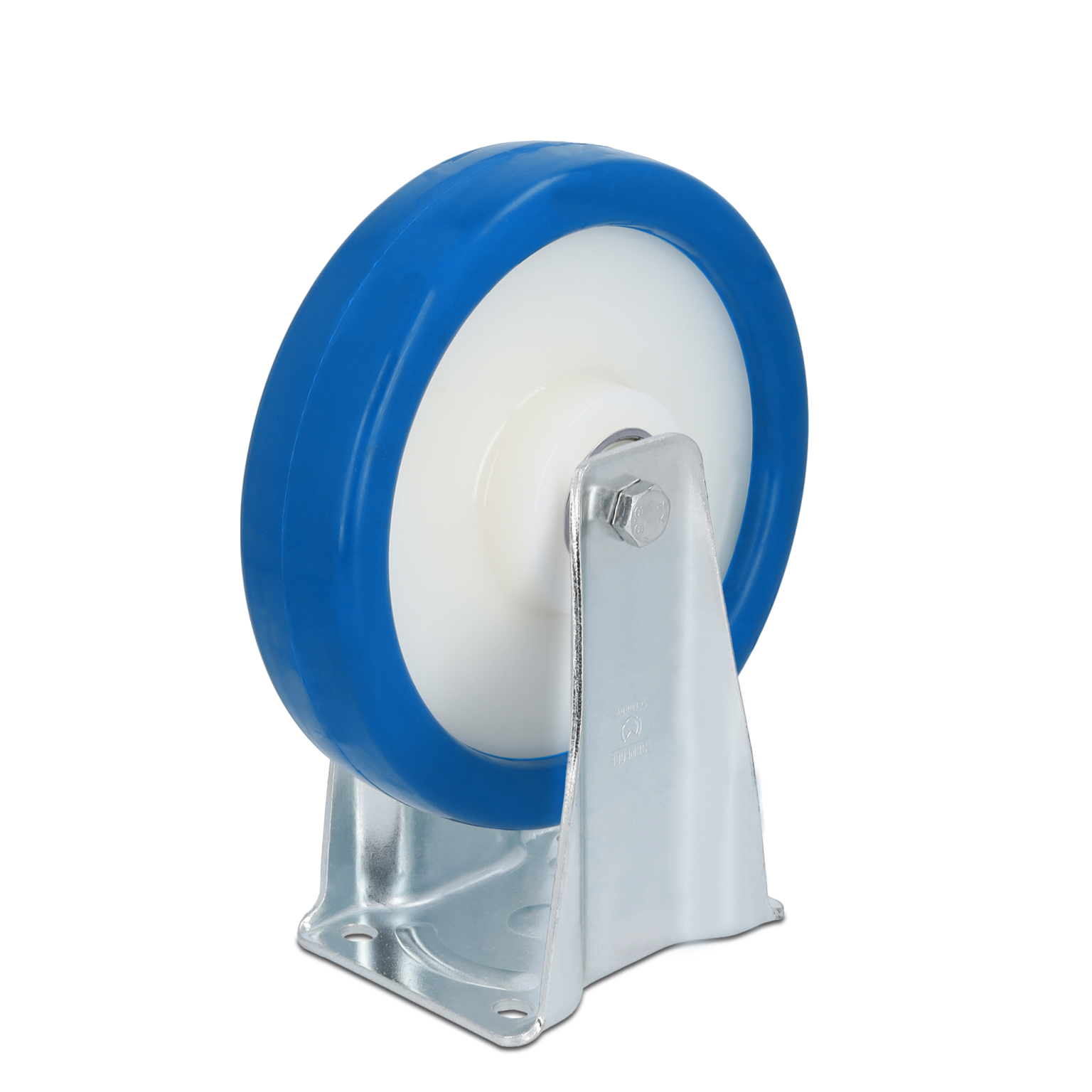 A single industrial wheel features a sturdy white core surrounded by a blue rubber outer layer, mounted on a metallic silver-colored bracket for attachment. The background is plain.