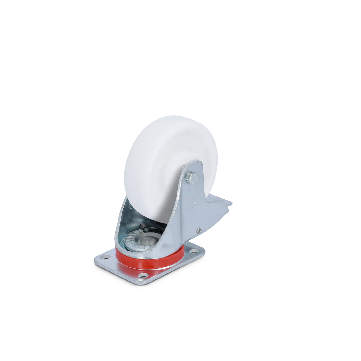 A white industrial caster wheel is mounted on a metal bracket with a red base and silver plate. The wheel features a swivel design for enhanced maneuverability. The background is plain.