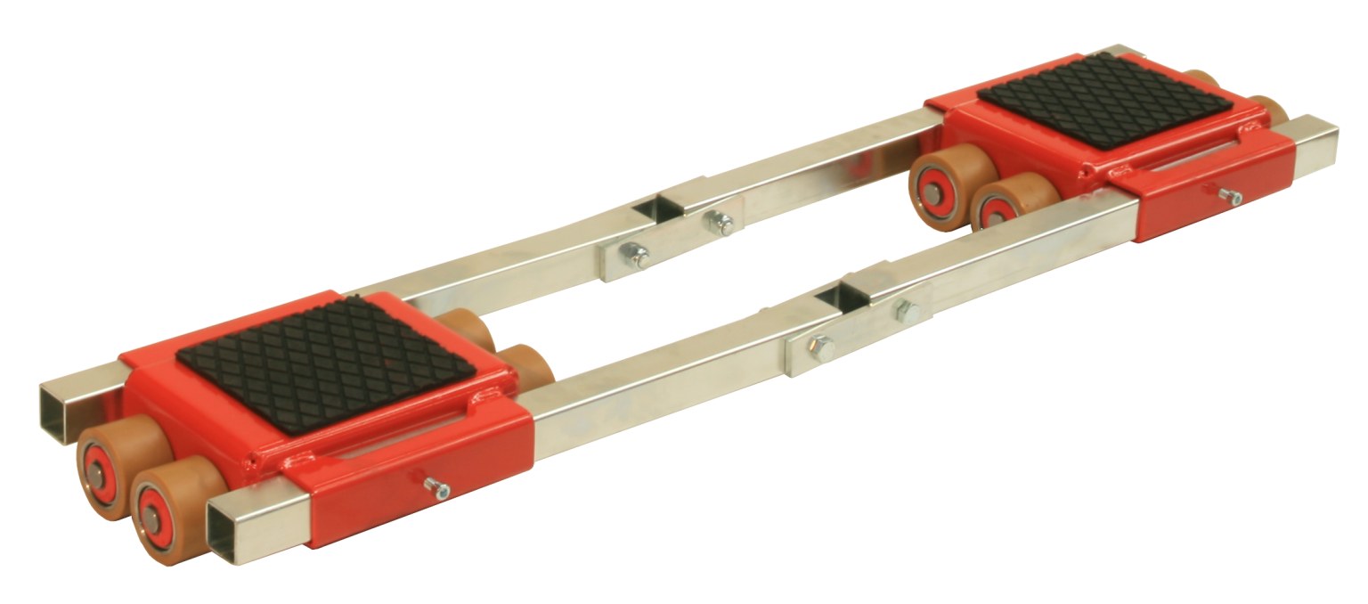 Two red transport trolleys with rubberized bases are mounted on a metal frame featuring roller wheels. The design is intended for moving heavy loads smoothly and efficiently across surfaces.