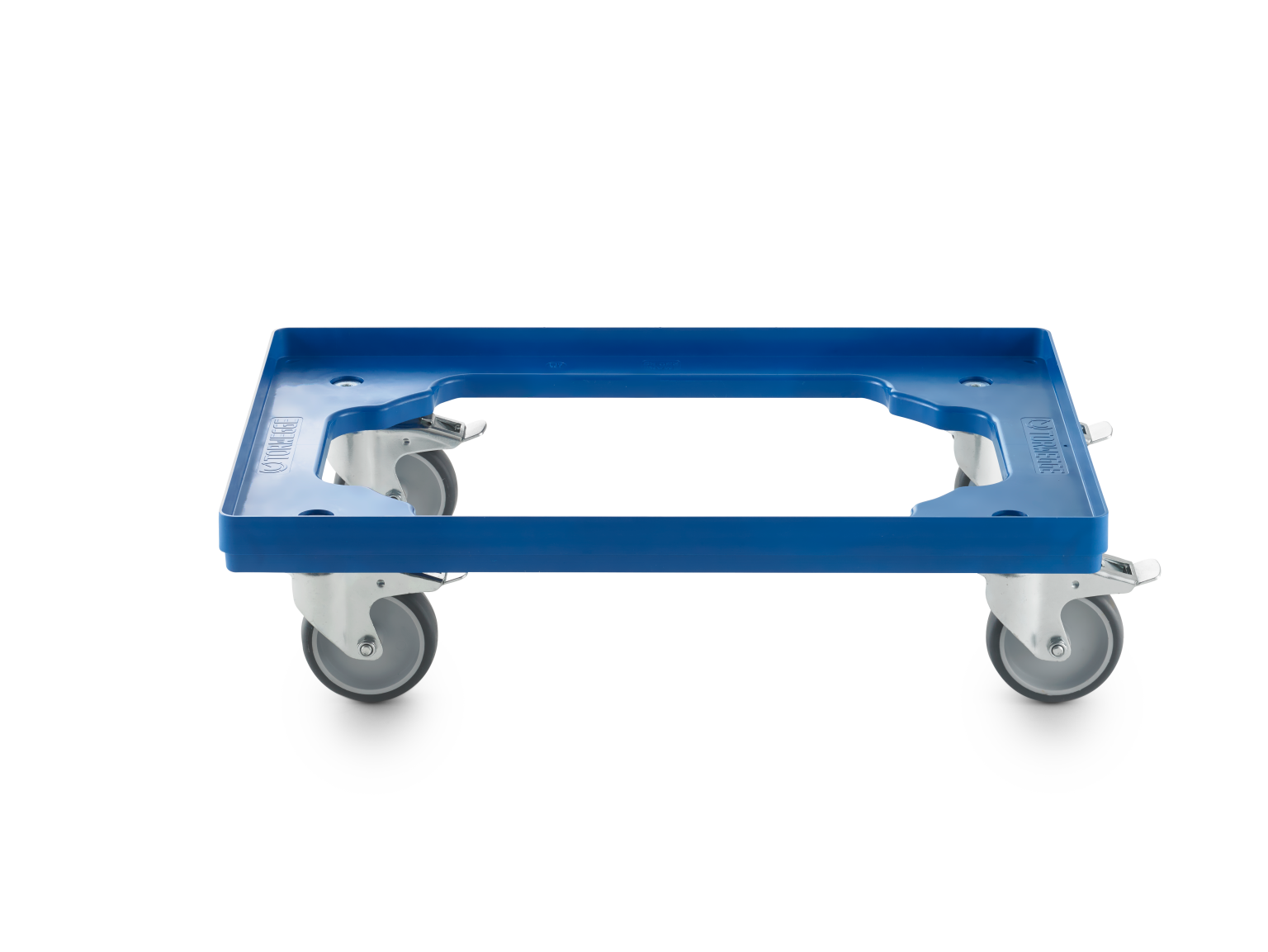 A blue plastic transport dolly features an open top design for easy loading, supported by four grey swivel castors. It appears to be placed on a neutral background, emphasizing its utility in moving items.