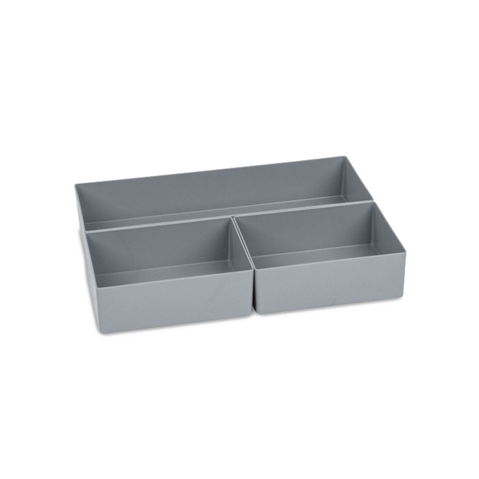Gray plastic storage organizer with two compartments of equal size and one larger section, designed for efficient sorting and storage. The context is a plain background, emphasizing the product-s function.