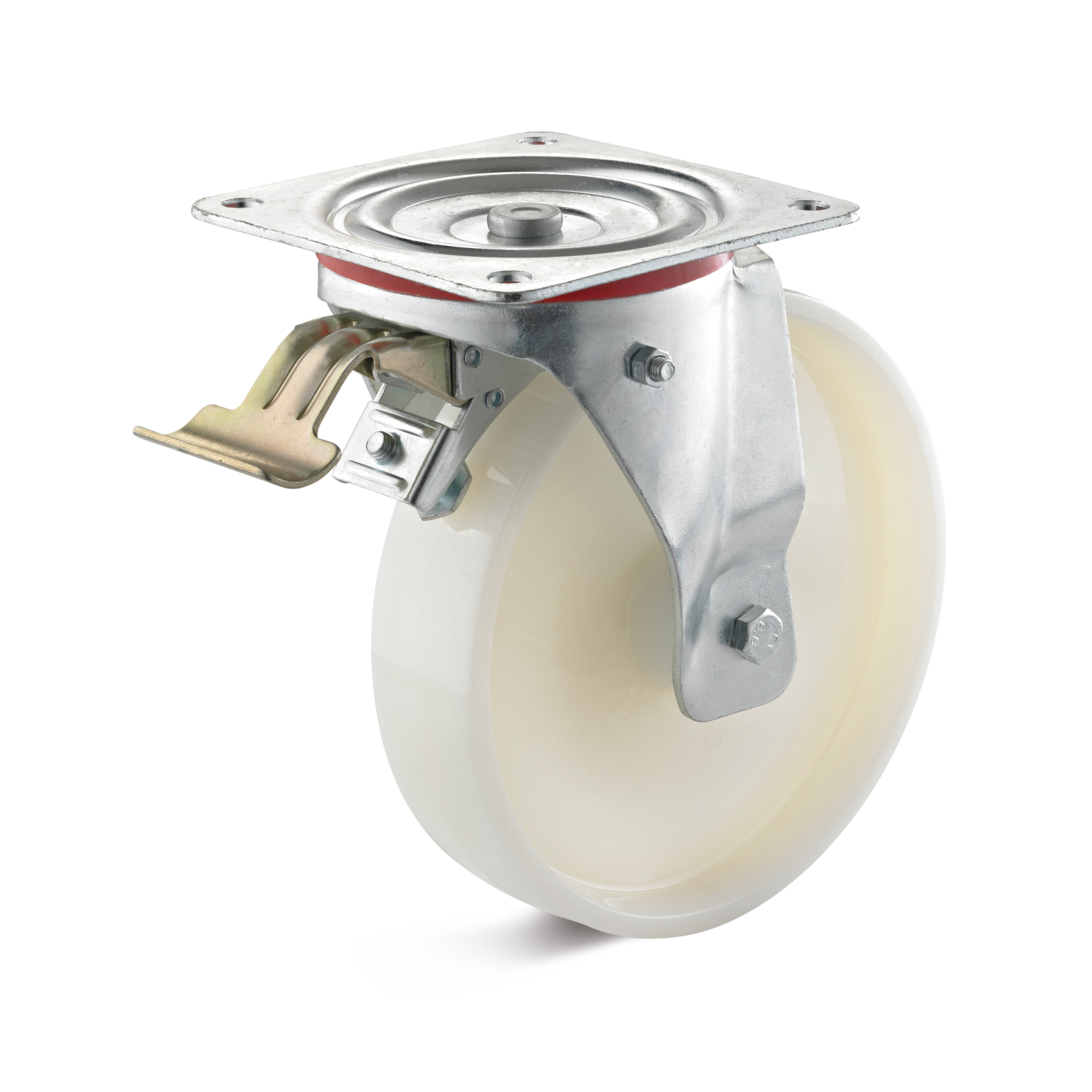 A swivel castor wheel with a metal mounting plate features a white plastic wheel and a locking mechanism. It is designed for material handling applications in warehouses or industrial settings.