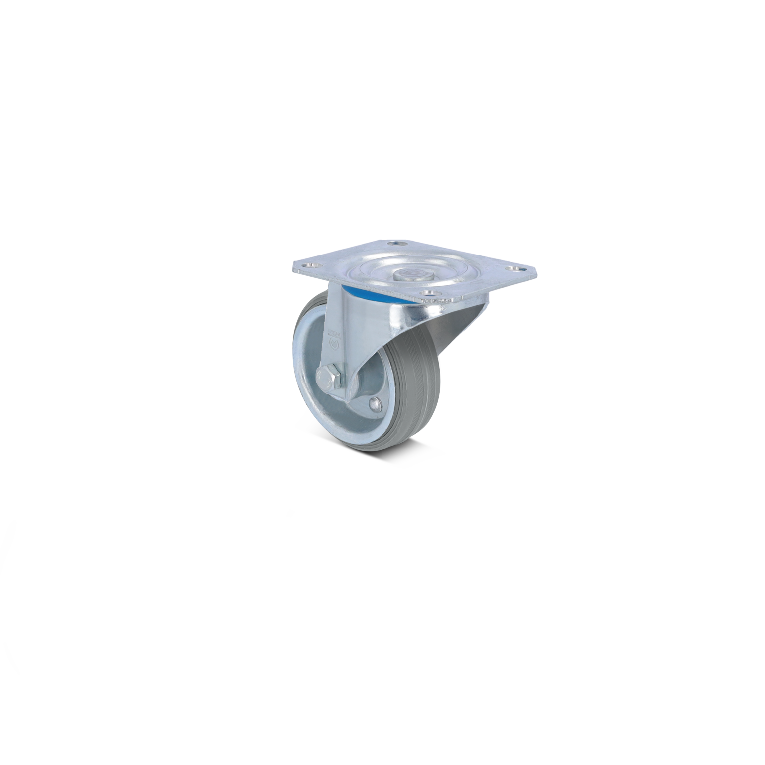 Kunststof wiel met een metalen montagemal, voorzien van een lagermechanisme. Het wiel is geplaatst voor gebruik in een industriële omgeving, op een neutrale achtergrond.
