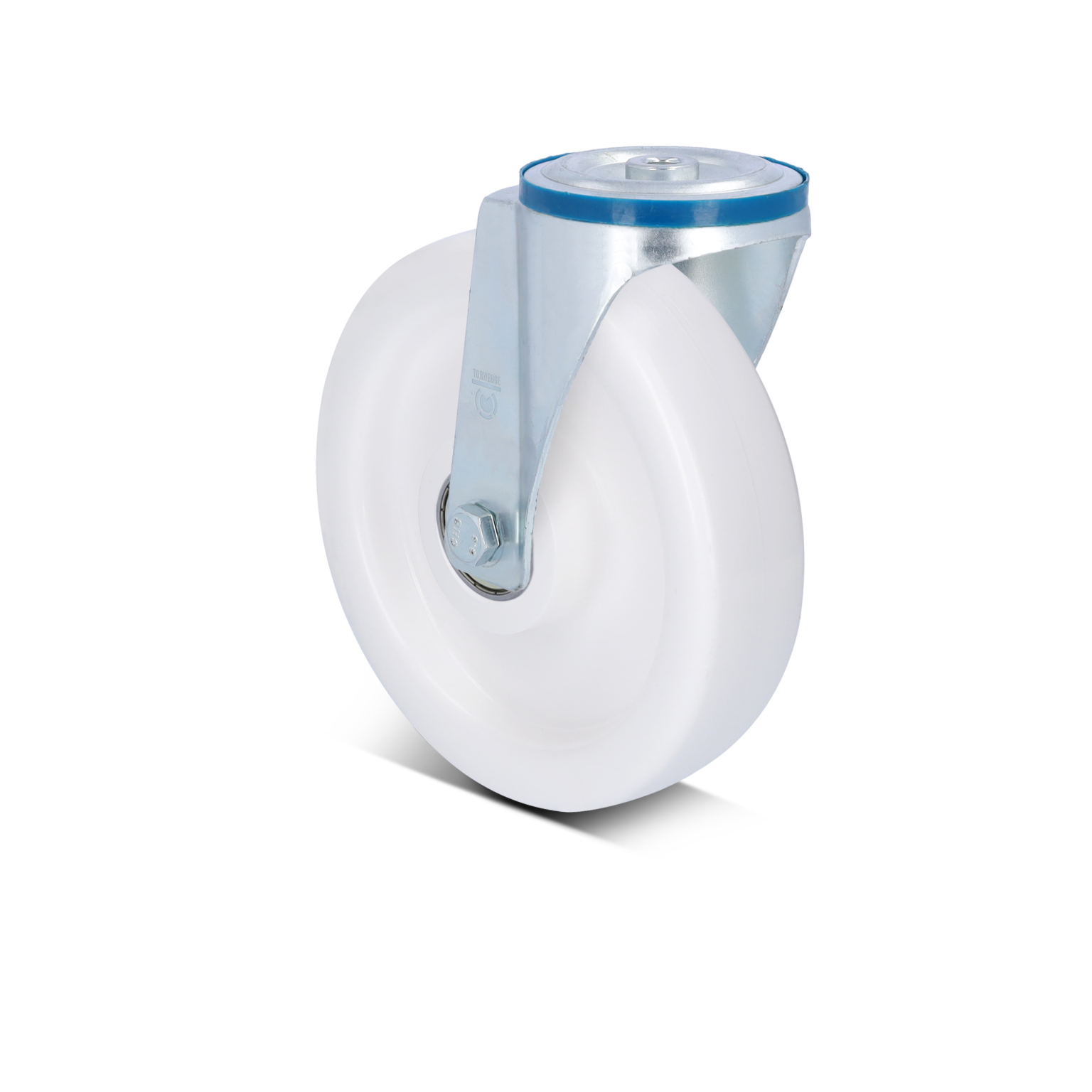 A white industrial wheel is mounted on a silver metal bracket. The wheel features a smooth surface, and the bracket has a bolt securing it to the base. The background is plain.