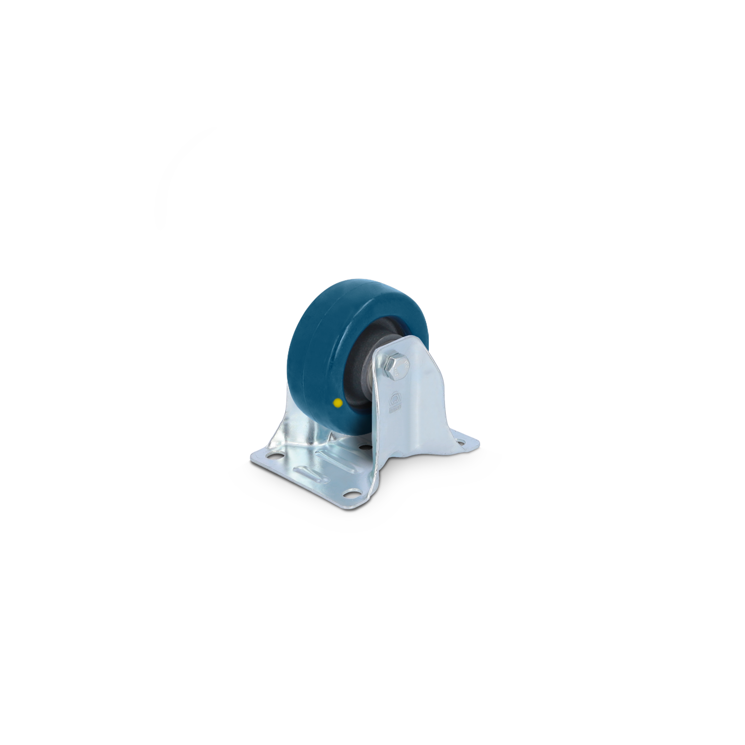 Zwenkwiel van staal met een blauwe rubberen band. Deze is gemonteerd op een metalen plaat, geschikt voor transportmiddelen in een industriële omgeving. De achtergrond is neutraal en onopvallend.