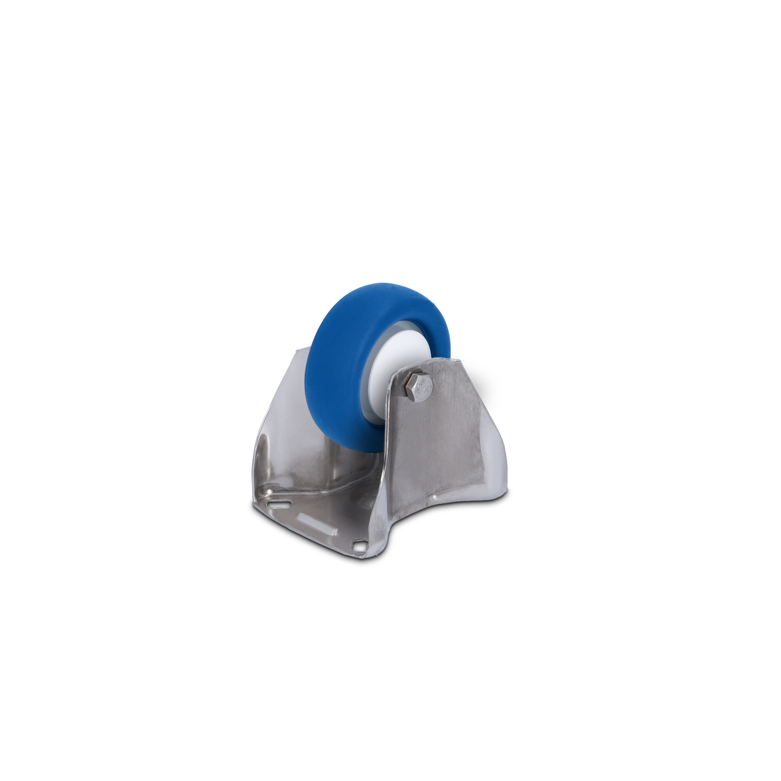 Een blauwe rol met een witte binnenring is bevestigd aan een metalen montagebeugel. De rol is zichtbaar vanaf de zijkant, met een glanzende, duurzame structuur. De achtergrond is zwart.