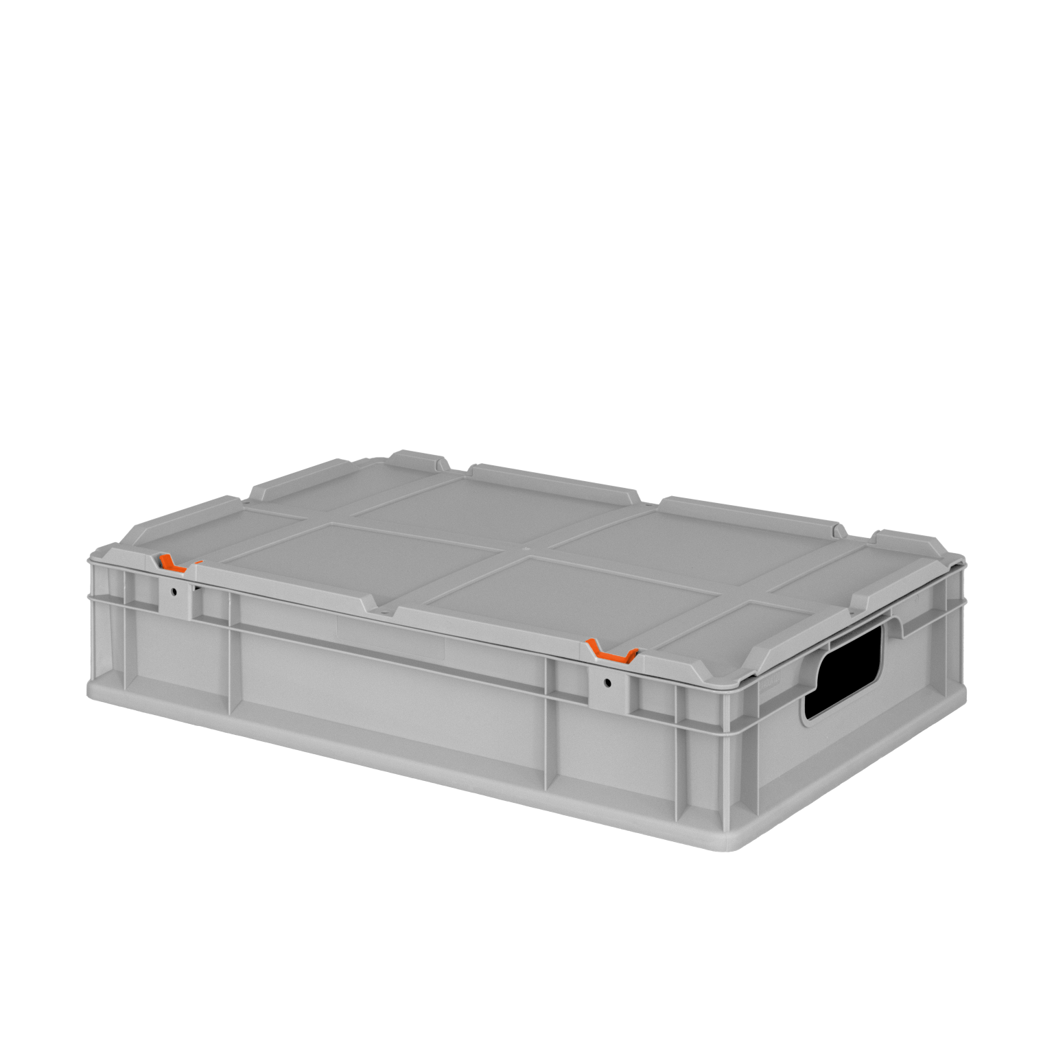 Graue Kunststoffpalette mit stabiler Bauweise und ergonomischen Griffen. Sie hat orangefarbene Akzente und ist für den Transport von Gütern in der intralogistischen Handhabung konzipiert.
