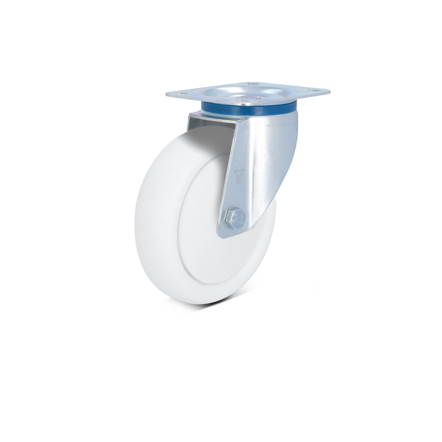 A white industrial wheel is mounted on a silver metal plate, featuring a single bolt attachment. The wheel has a smooth surface and is positioned upright against a plain background.