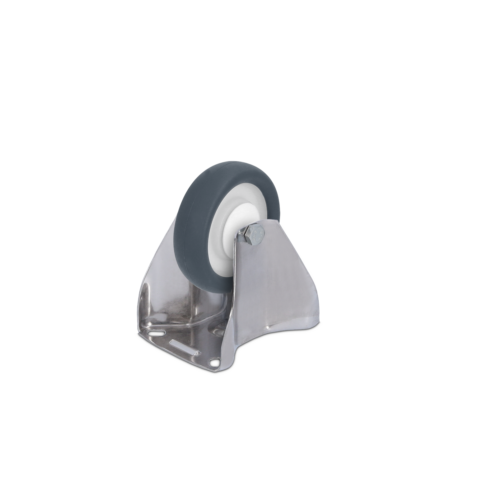 Gummirad mit einer feststehenden Metallbasis, die eine silberne, glänzende Oberfläche hat. Das Rad hat eine schwarze äußere Schicht und eine weiße innere Schicht. Hintergrund ist neutral.