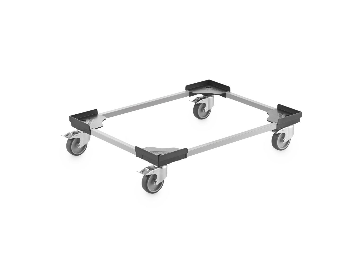 Square transport trolley with four swivel castors attached at each corner. The frame is made of metal, featuring corner mounts, designed for easy movement of goods in an industrial setting.