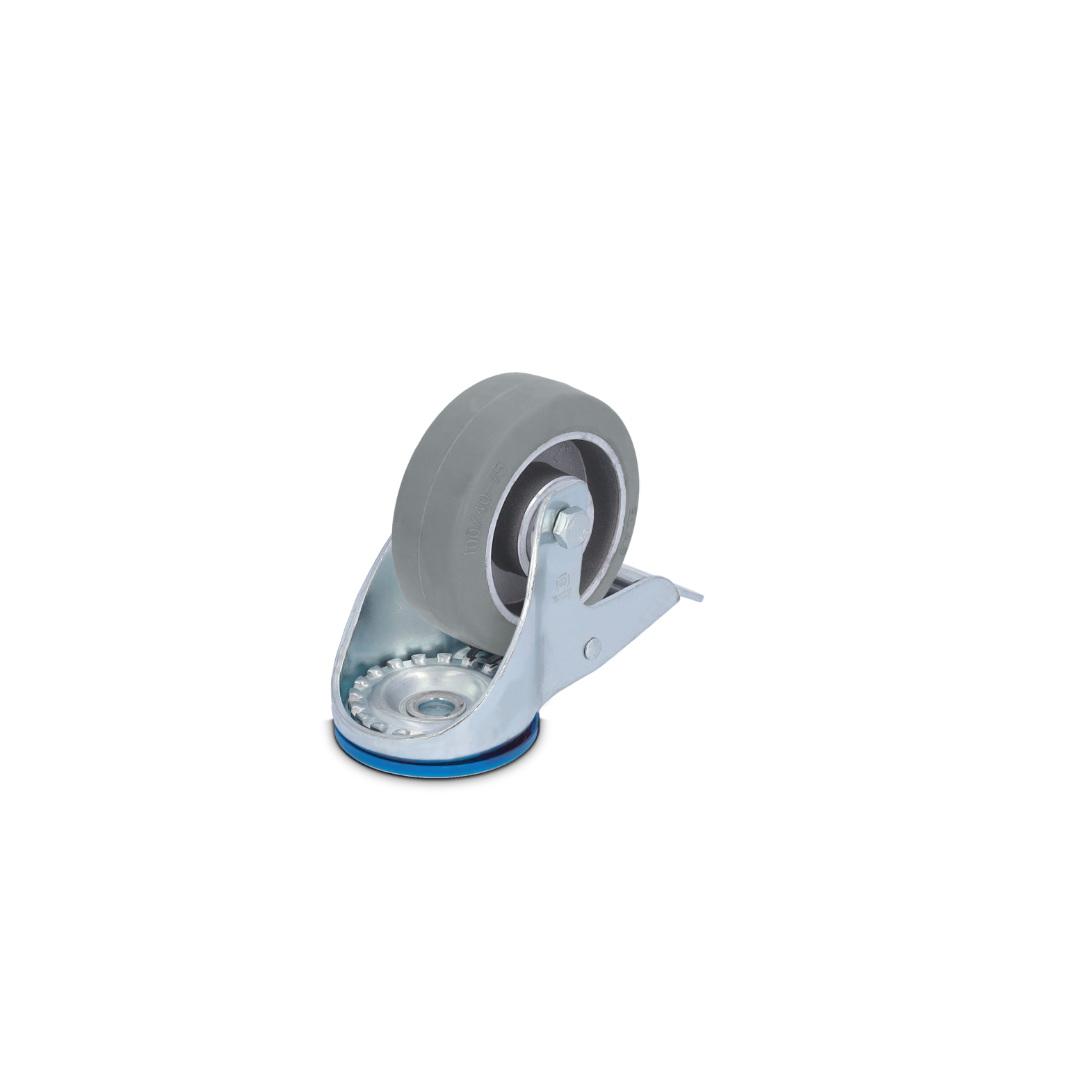 Ein grauer Gummi-Rad mit Stabilitätsplatte aus Metall, der auf einem beweglichen Gestell montiert ist. Die Umgebung ist neutral und unauffällig, um den Fokus auf das Rad zu legen.