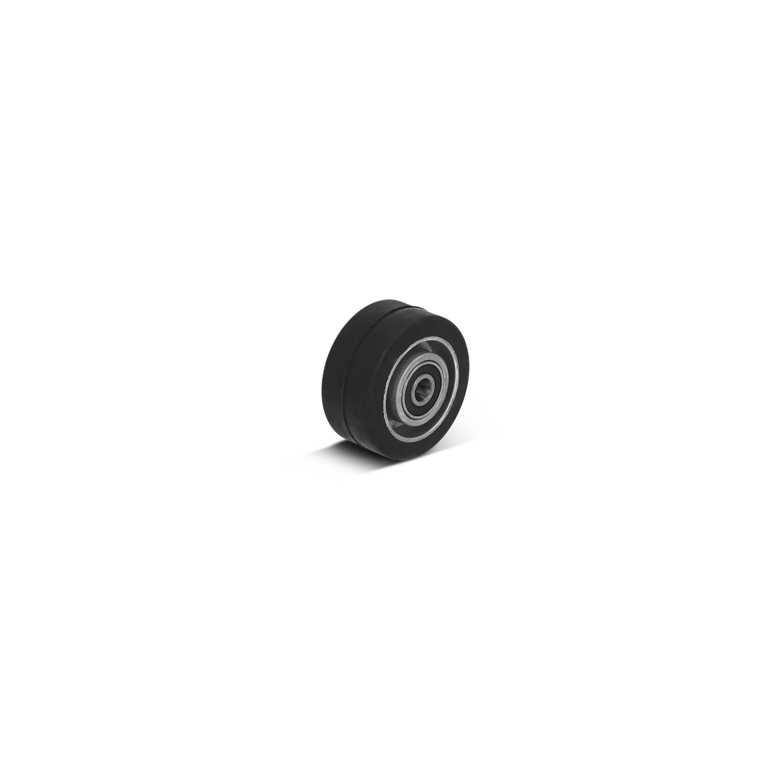 Een zwarte wiel met een metalen lagersysteem in het midden. Het is glad en rond, geschikt voor gebruik in diverse industriële toepassingen, geplaatst tegen een neutrale achtergrond.