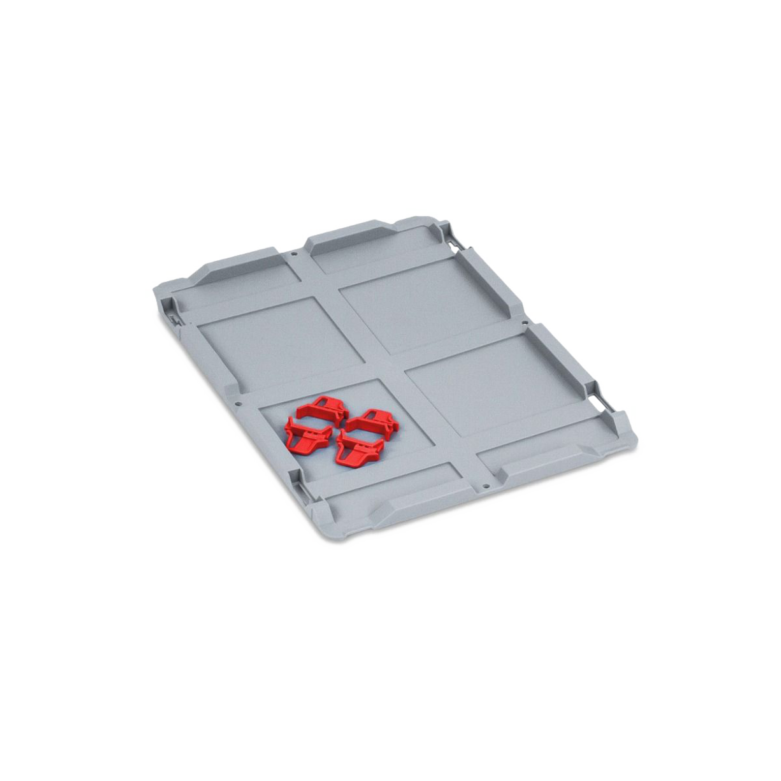Gray plastic pallet with modular design, featuring two red locking clips positioned on one side. The surface has a flat and sturdy structure suitable for material handling applications.