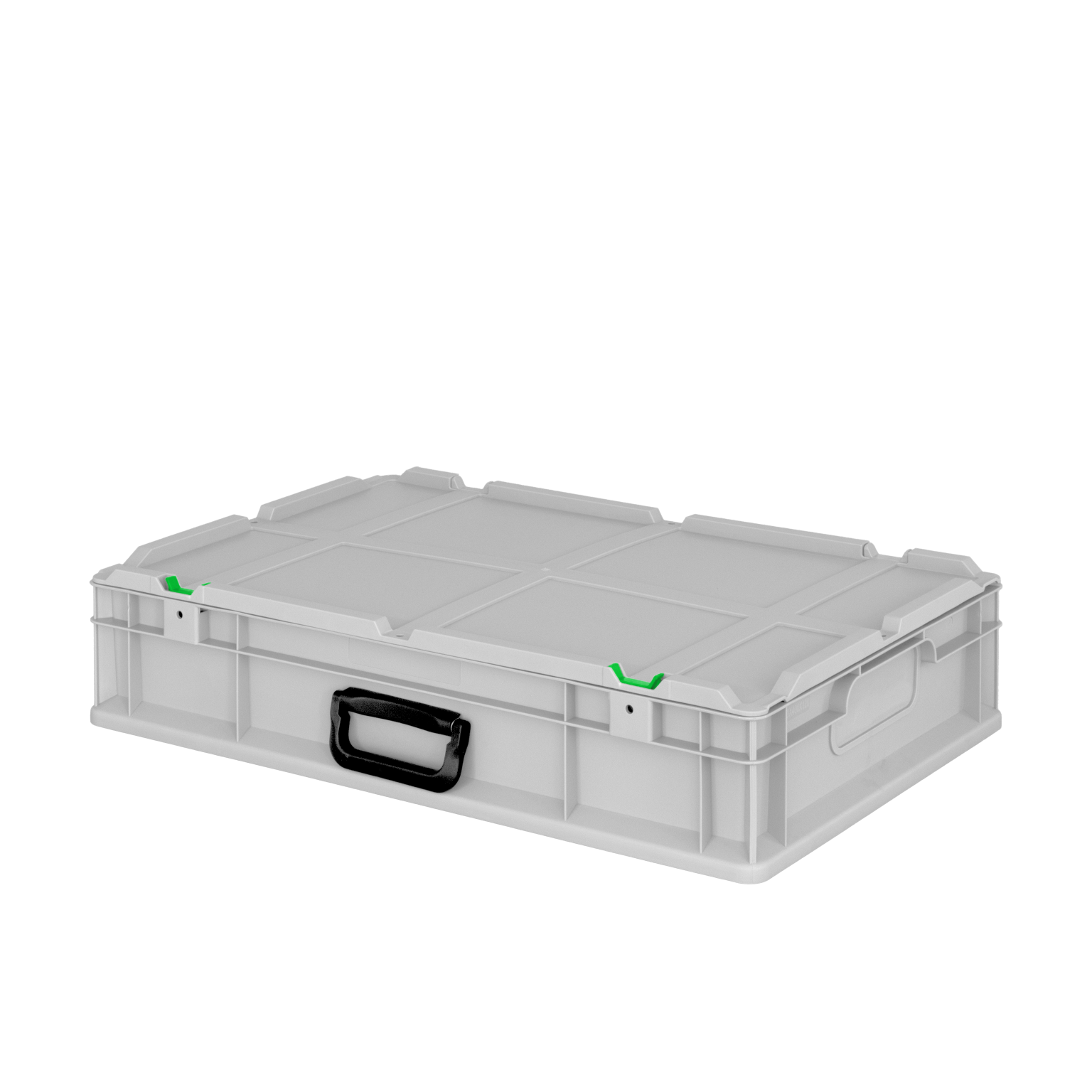 A gray plastic storage box features a flat lid with an inset design and a black handle on the side. Two green clips are positioned on the lid-s edges, enhancing its functionality. The background is plain and dark.