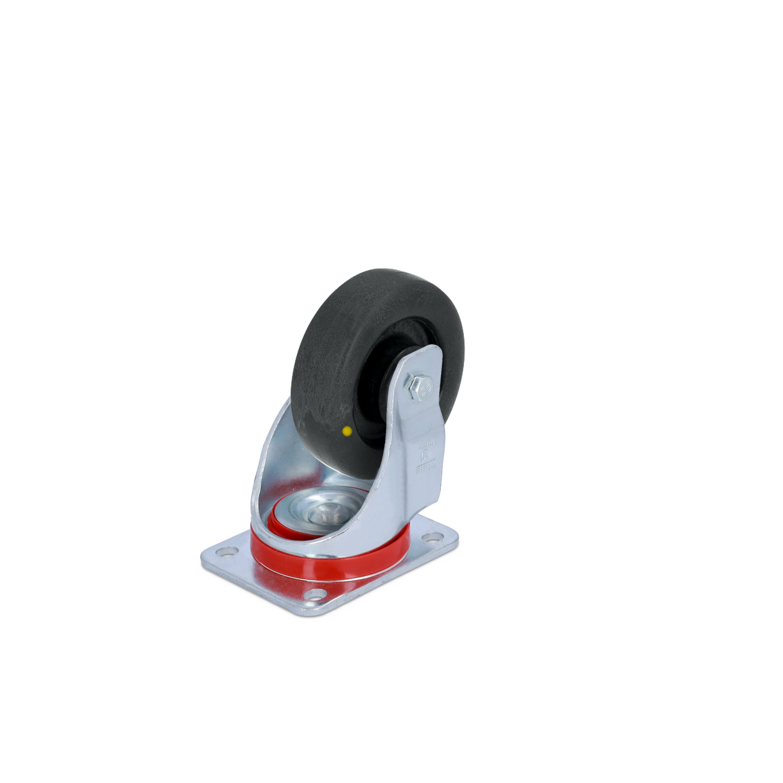 A black rubber wheel is mounted on a silver metal swivel caster. It features a sturdy base with a red ring and a ball bearing housing. The background is plain.