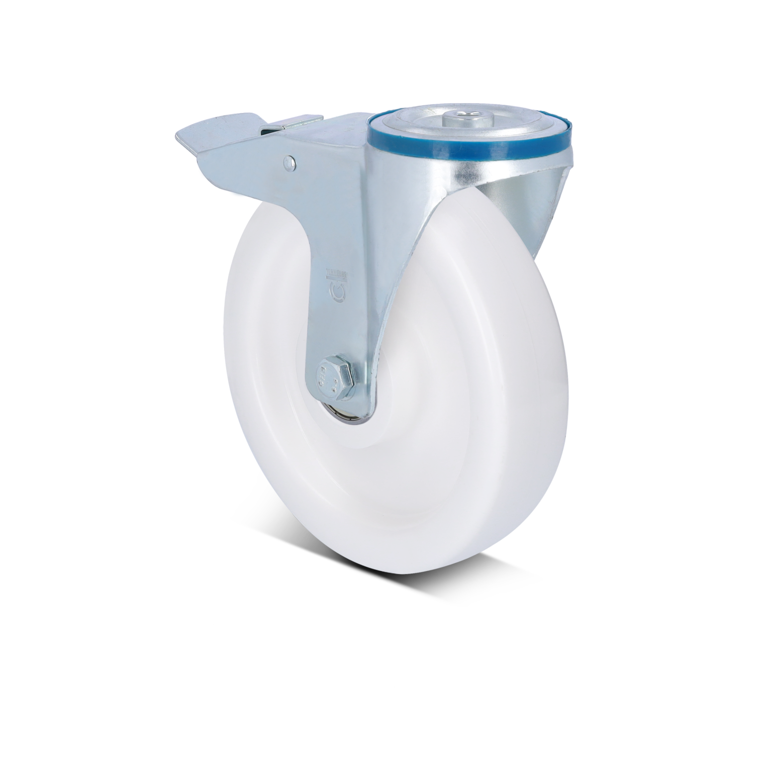 A white industrial wheel is mounted on a shiny metal bracket, featuring a blue rim on the top, designed for mobility. The background is plain and minimalistic.